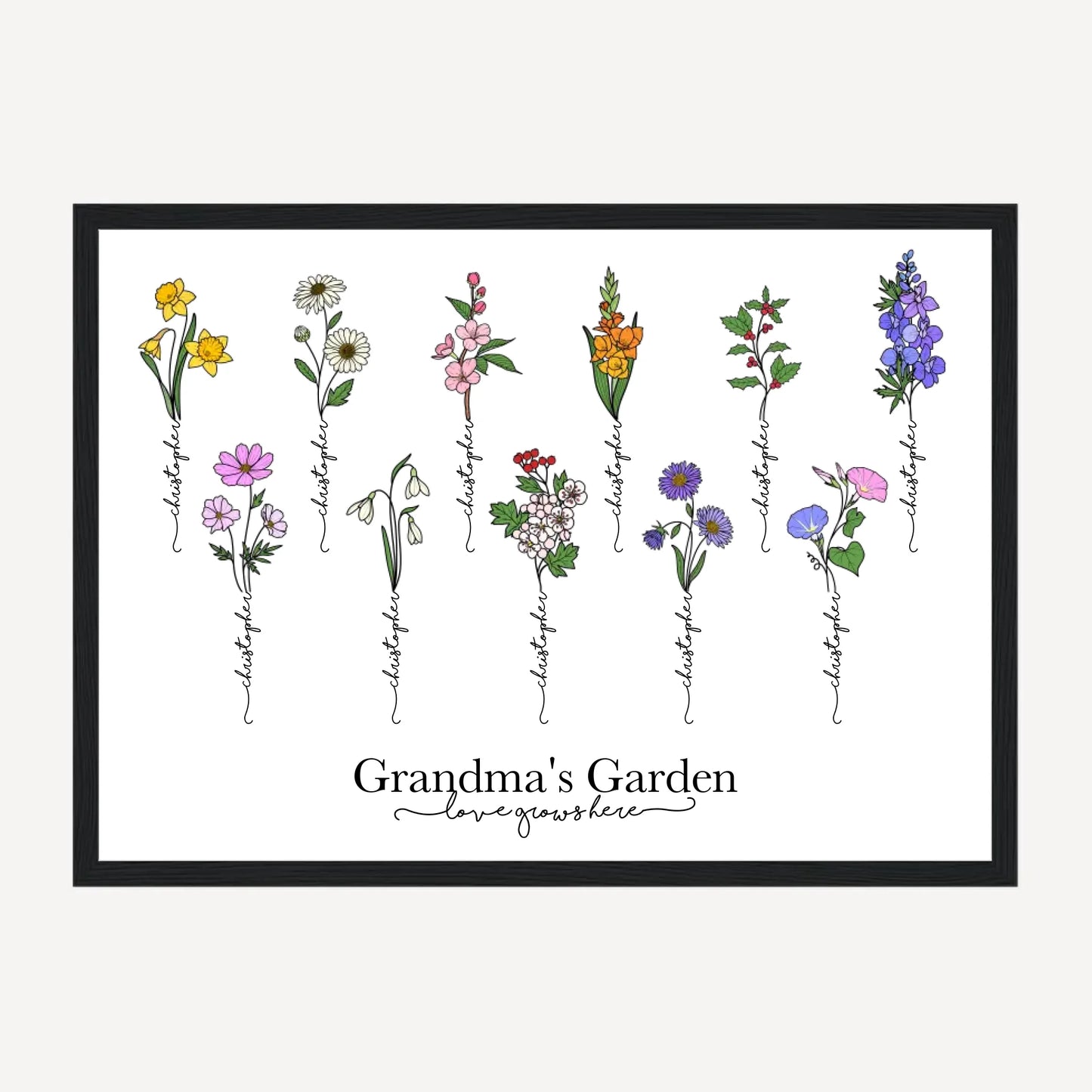 Personalised Grandma's Garden framed print with up to 11 birth flowers, each representing a grandchild. Child’s name forms the stem of their birth flower. Selection of grandma-related names. Presented in a black wooden frame.