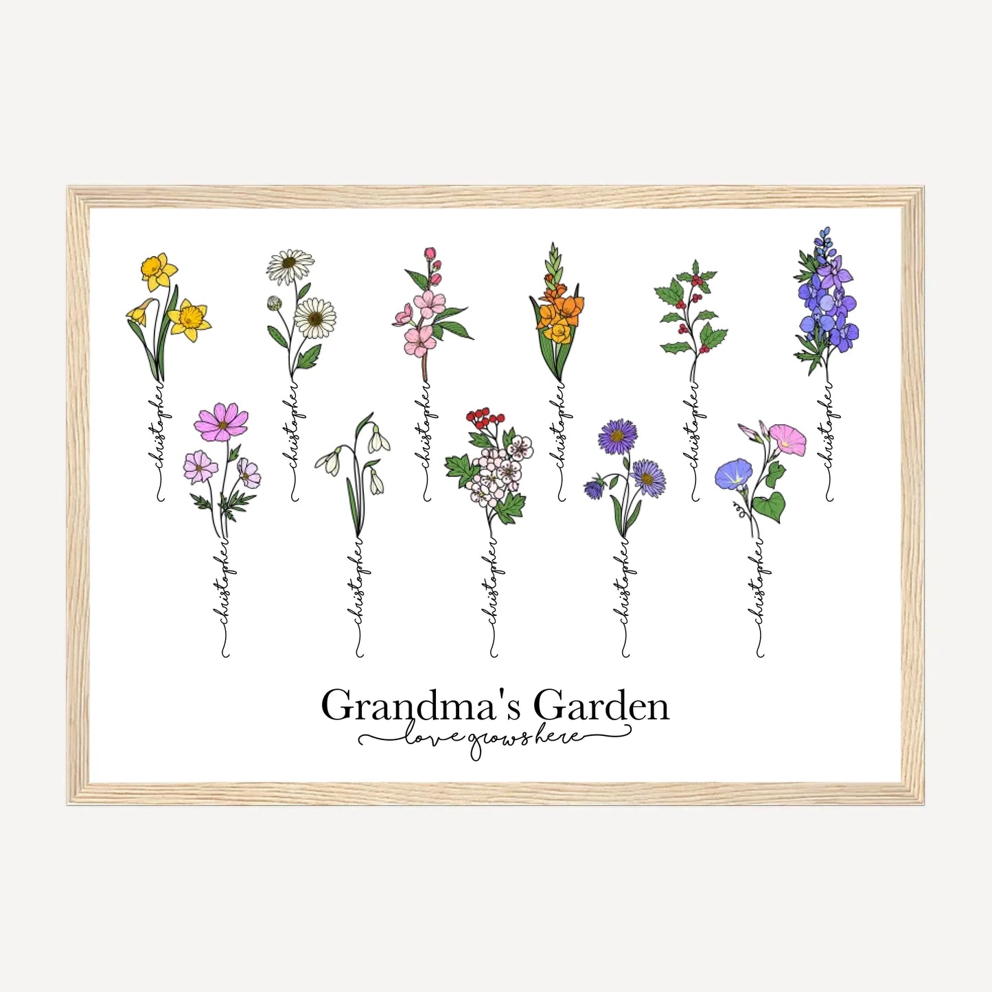 Personalised Grandma's Garden framed print with up to 11 birth flowers, each representing a grandchild. Child’s name forms the stem of their birth flower. Selection of grandma-related names. Presented in a natural wooden frame.