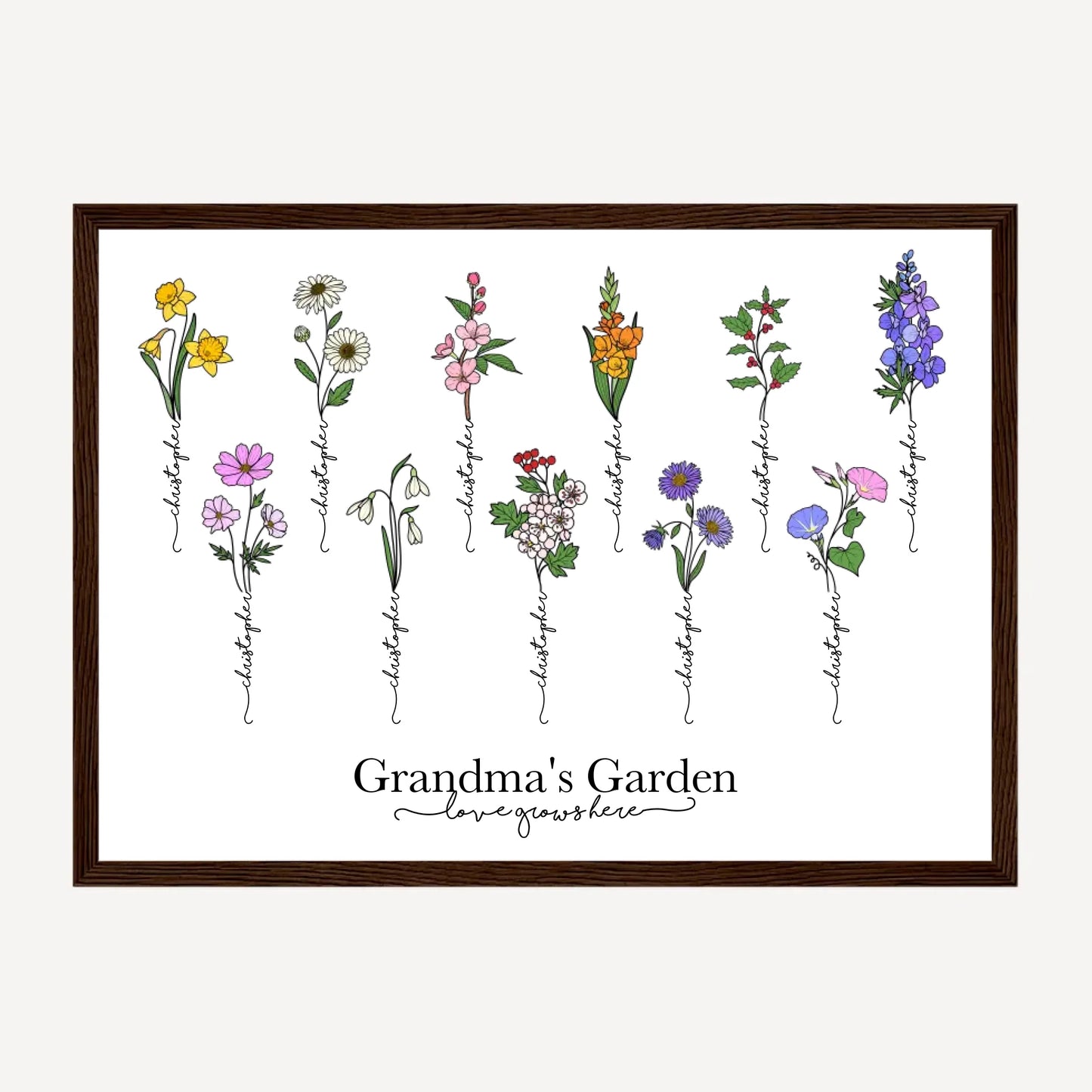 Personalised Grandma's Garden framed print with up to 11 birth flowers, each representing a grandchild. Child’s name forms the stem of their birth flower. Selection of grandma-related names. Presented in a dark brown wooden frame.