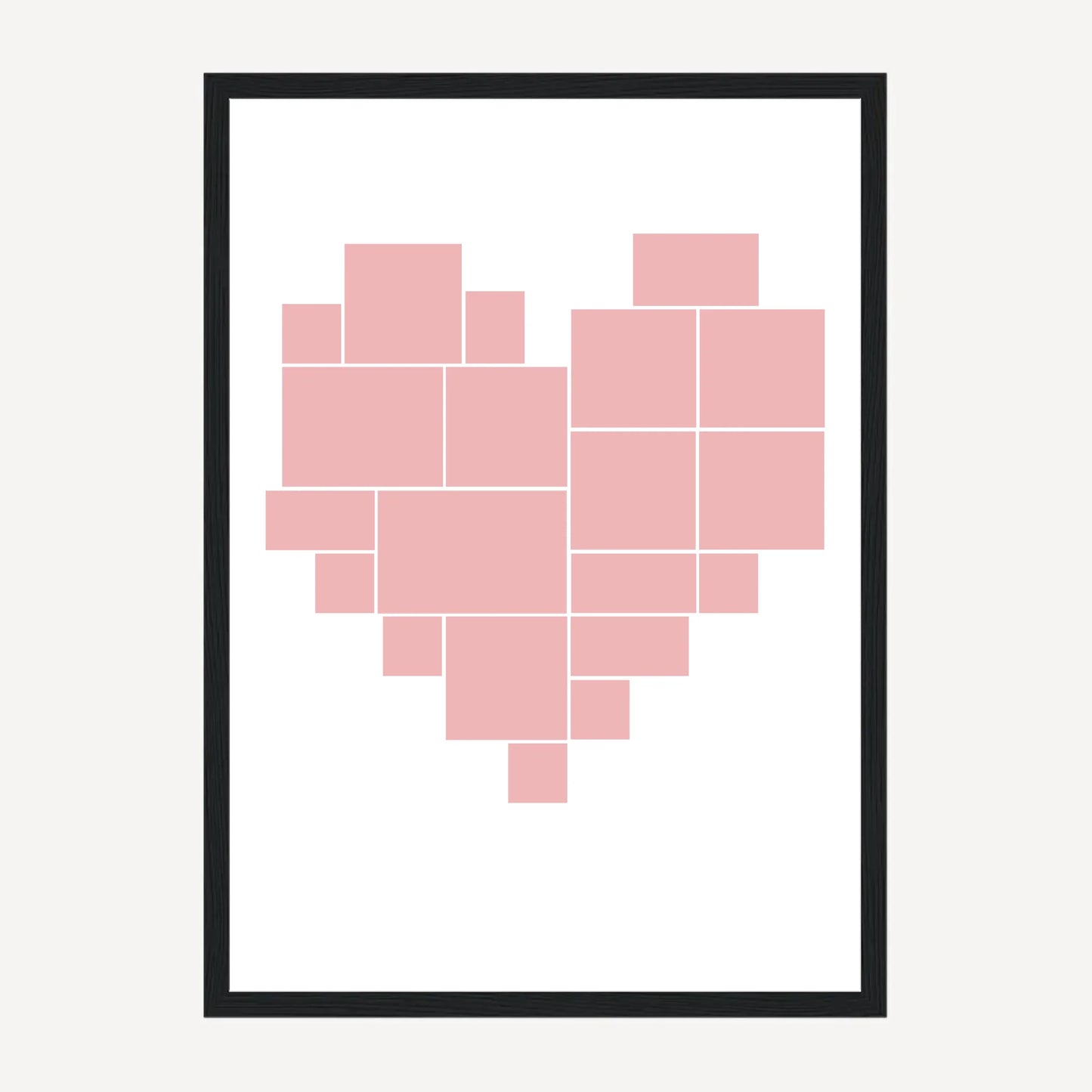 Heart-shaped photo collage framed print with 20 photo uploads. Black wooden frame.