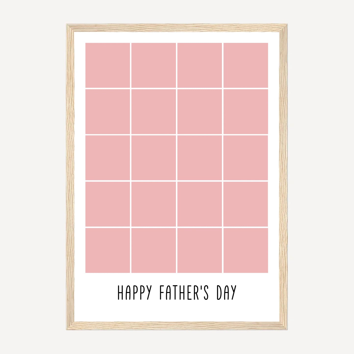 Personalised Happy Father's Day framed print with a 20-photo collage. Customisable with uploaded photos. Presented in a natural wooden frame.