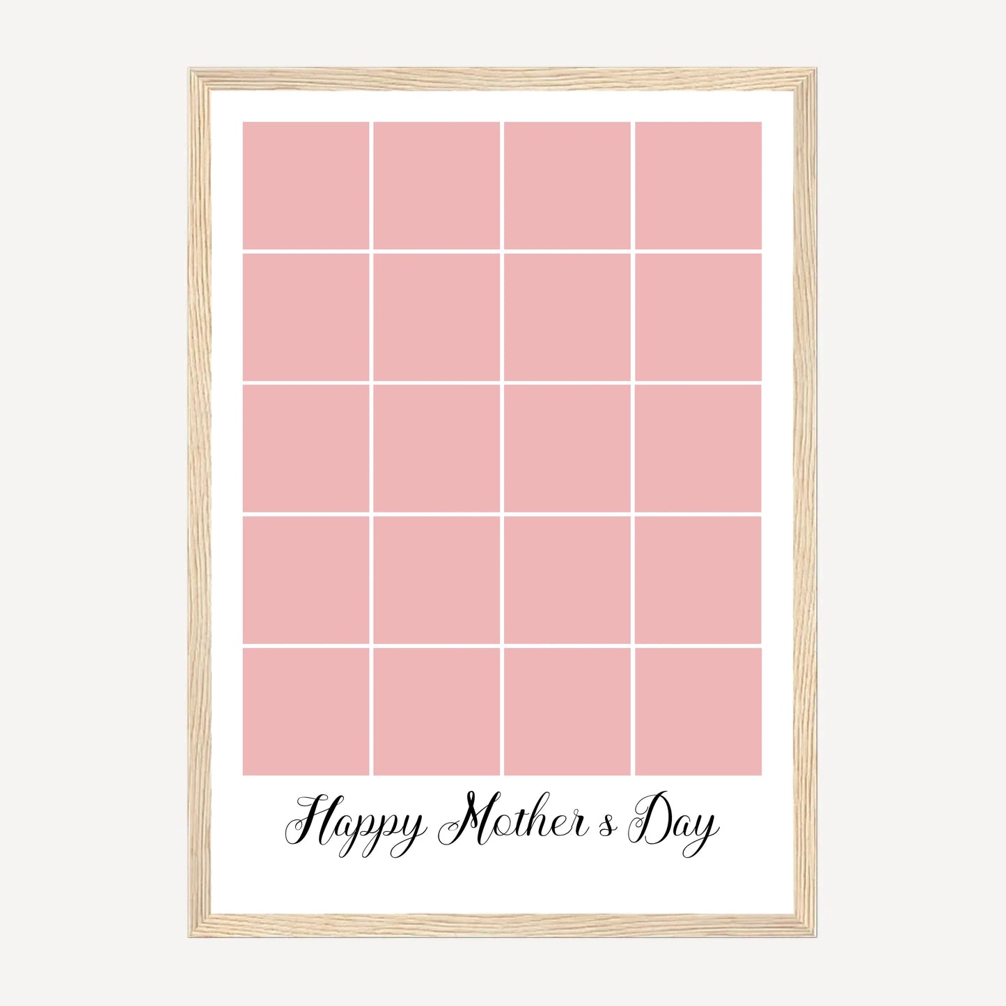 Personalised Happy Mother's Day framed print with a 20-photo collage. Customisable with uploaded photos. Presented in a natural wooden frame.