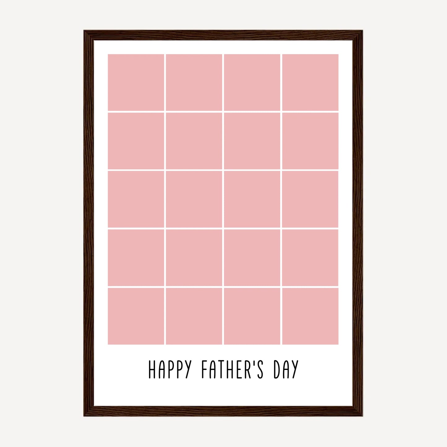 Personalised Happy Father's Day framed print with a 20-photo collage. Customisable with uploaded photos. Presented in a dark brown wooden frame.