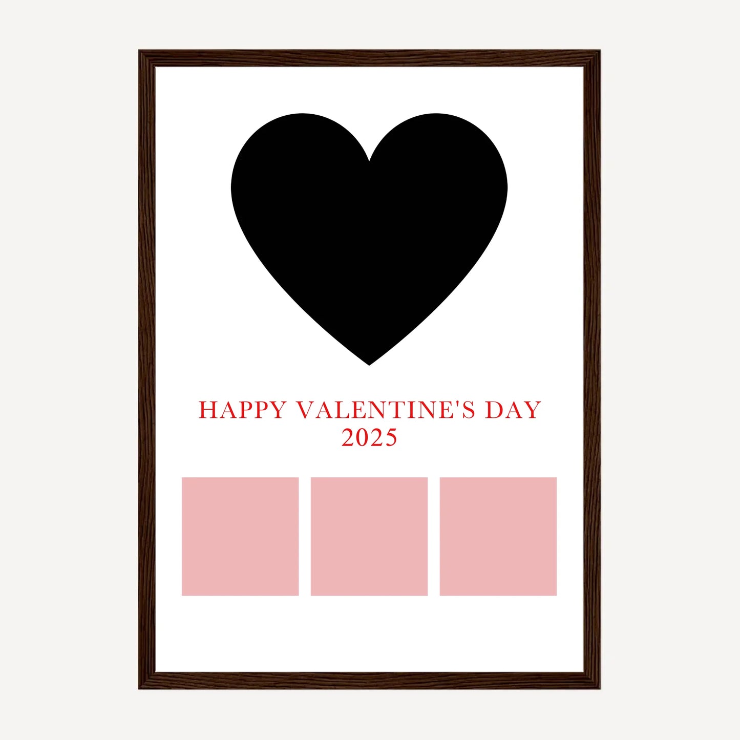 Framed Happy Valentine’s Day poster with a heart-shaped main photo, three smaller photos below, and a custom year (e.g., 2024). Dark brown wooden frame.