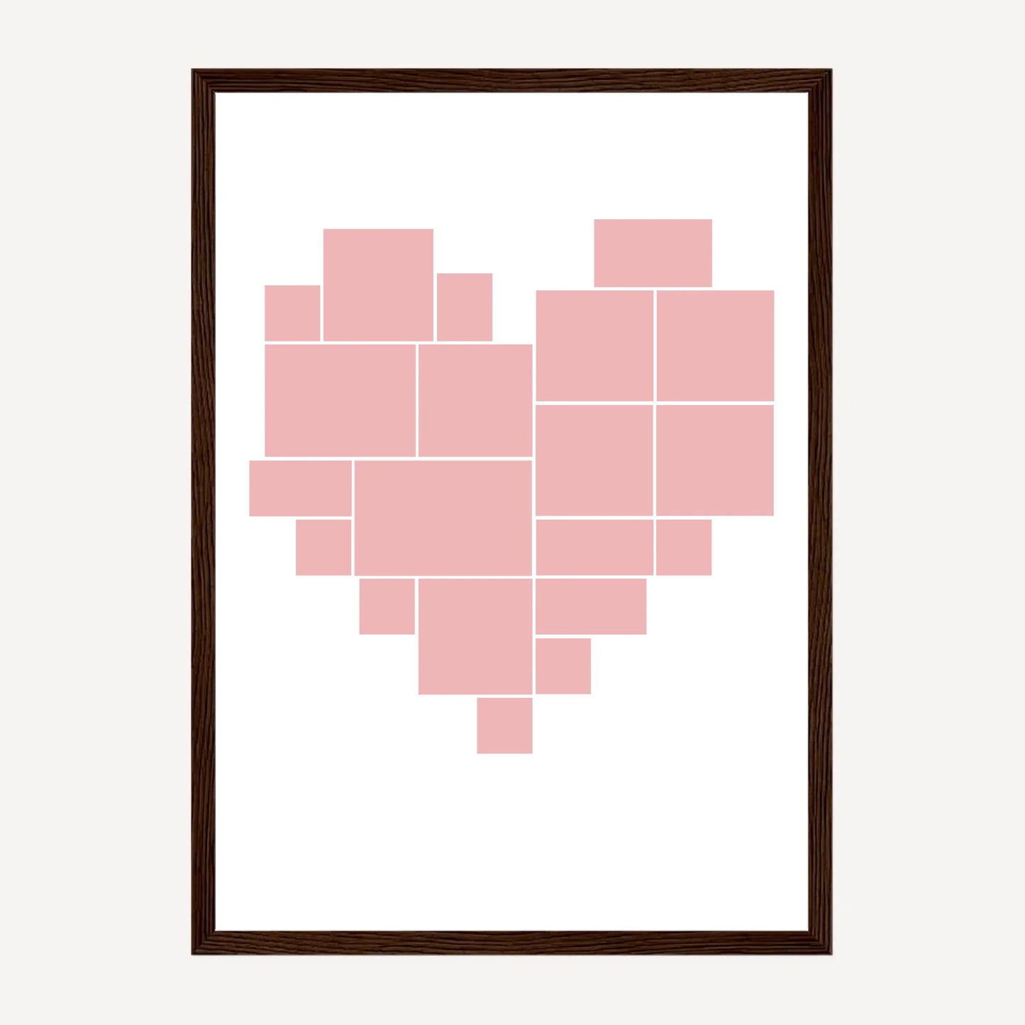 Heart-shaped photo collage framed print with 20 photo uploads. Dark brown wooden frame.