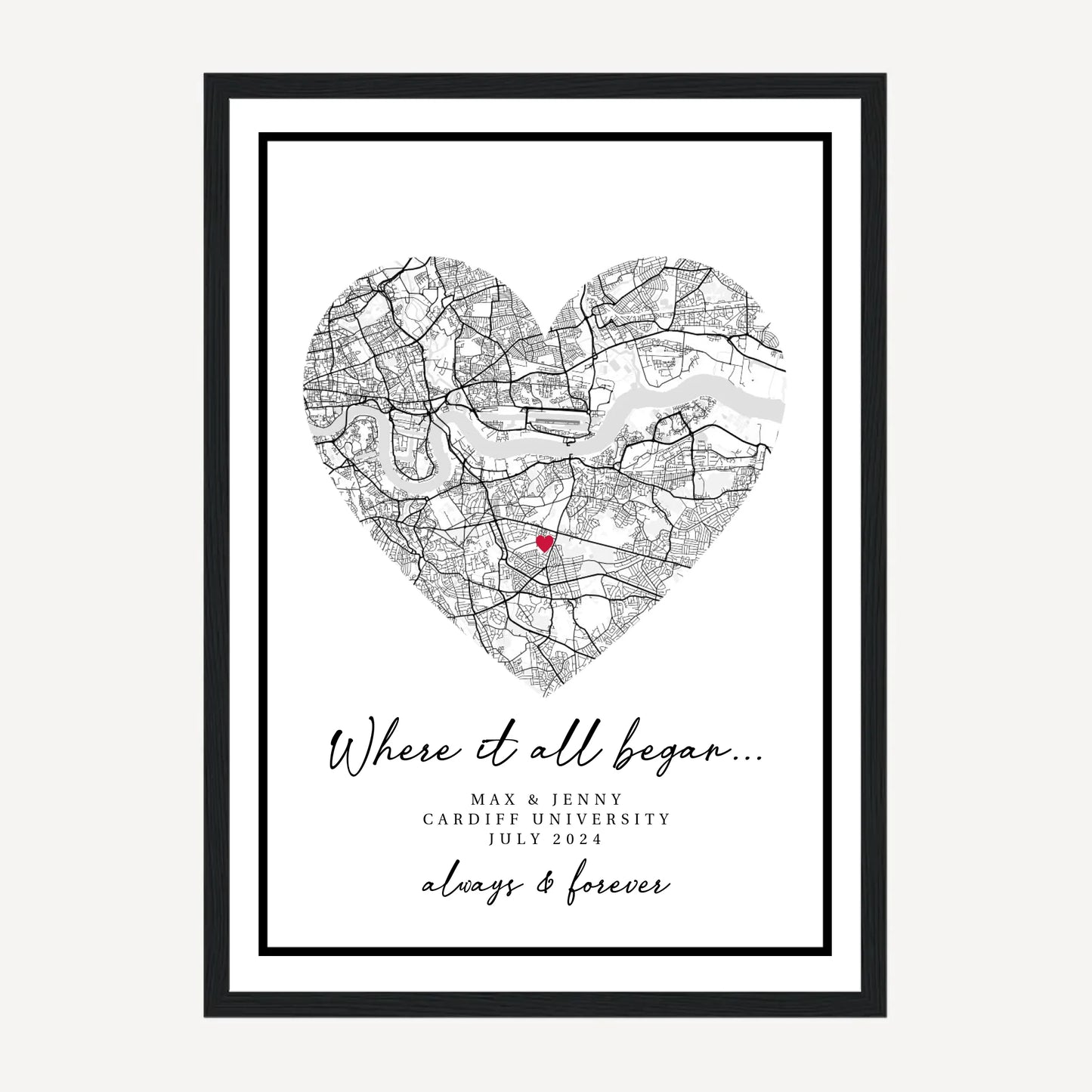 Personalised 'Where It All Began' framed print featuring a heart-shaped city map marking the couple's special meeting location. Customisable with names, location and the date. Presented in a black wooden frame.