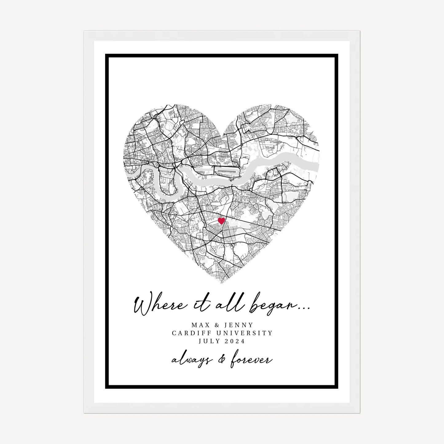 Personalised 'Where It All Began' framed print featuring a heart-shaped city map marking the couple's special meeting location. Customisable with names, location and the date. Presented in a white wooden frame.