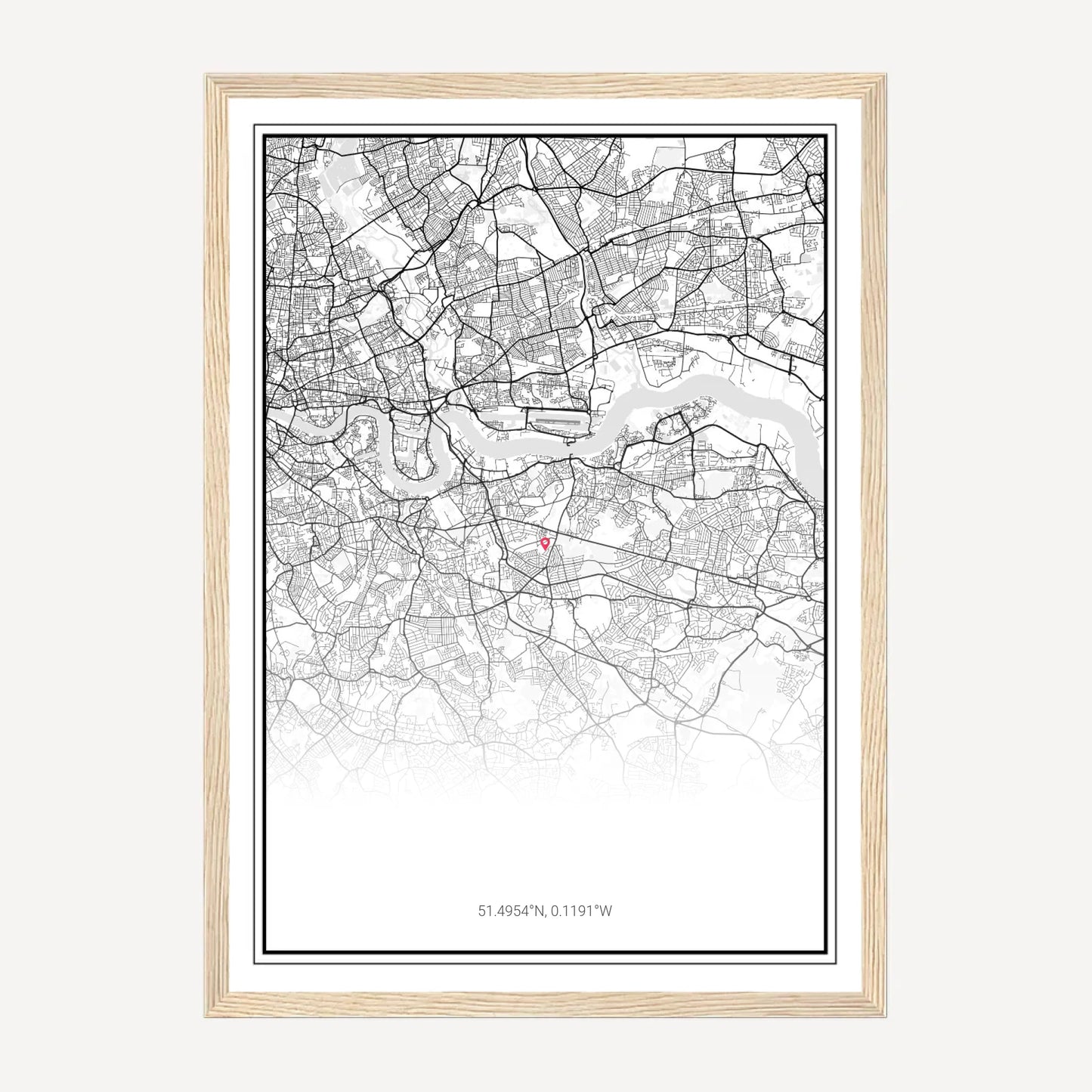 Customisable city map framed print showing a selected location with a chosen map style. Natural wooden frame.
