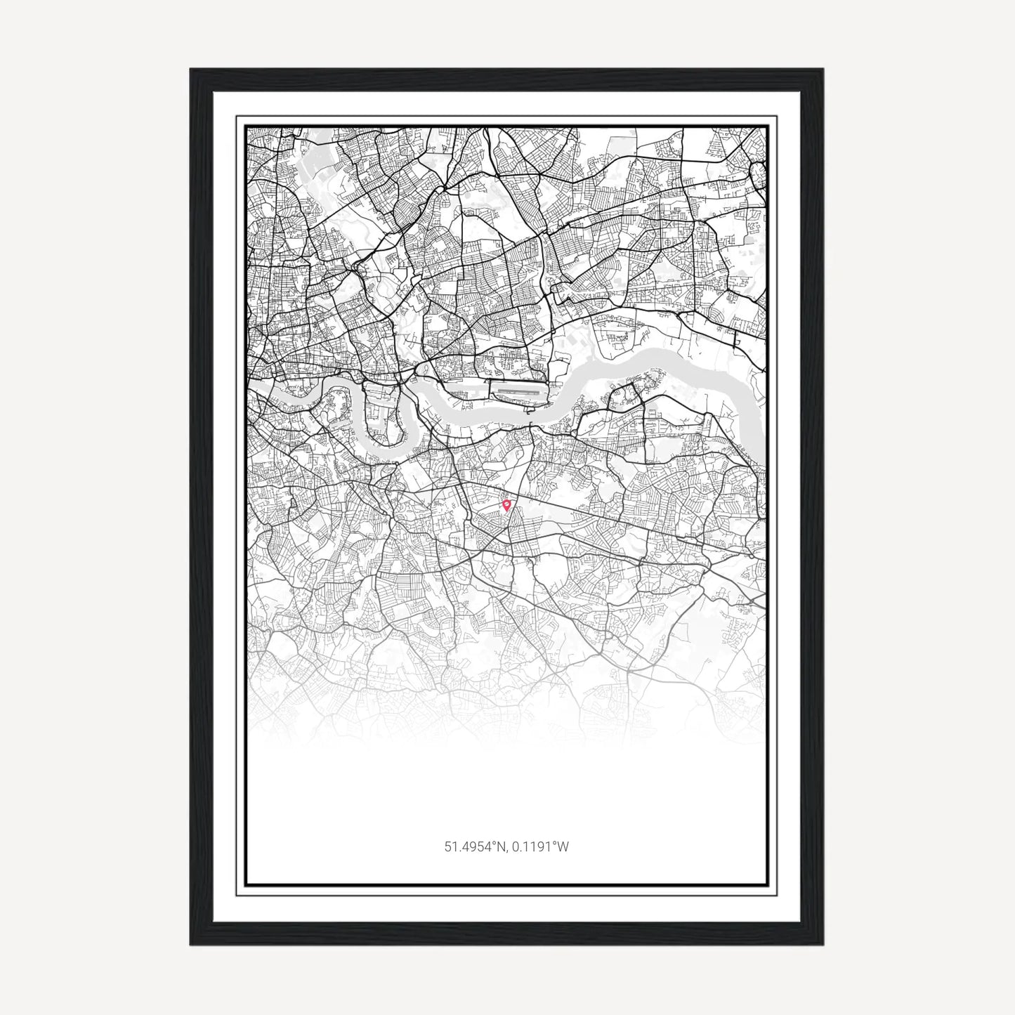 Customisable city map framed print showing a selected location with a chosen map style. Black wooden frame.