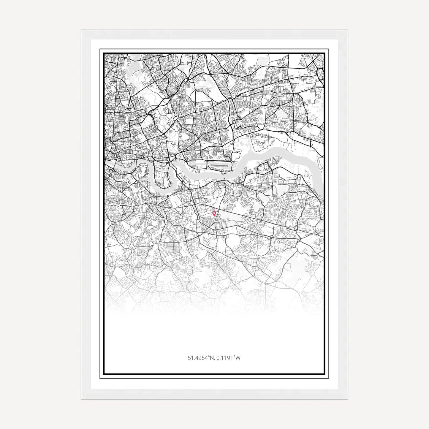 Customisable city map framed print showing a selected location with a chosen map style. White wooden frame.