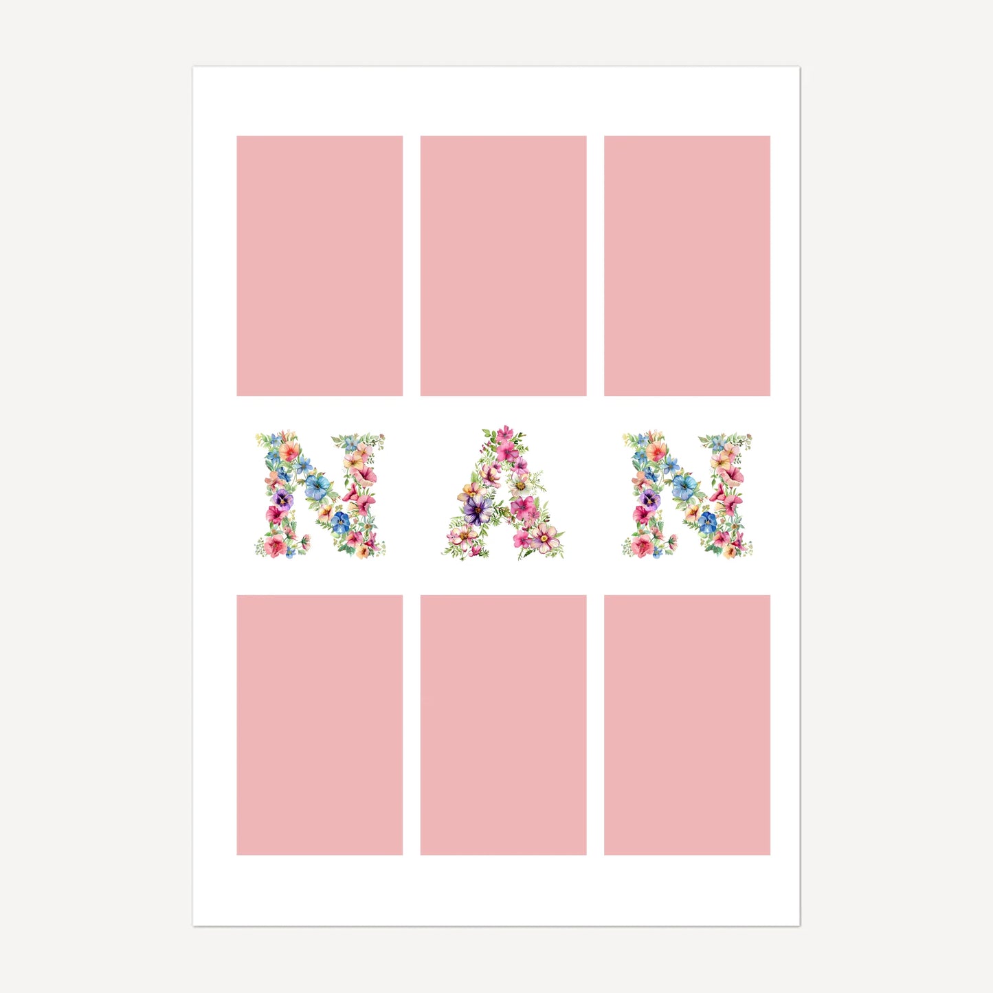 Personalised 6-photo collage digital print with 'Gran' or 'Nan' in vibrant floral text. Instant download file.