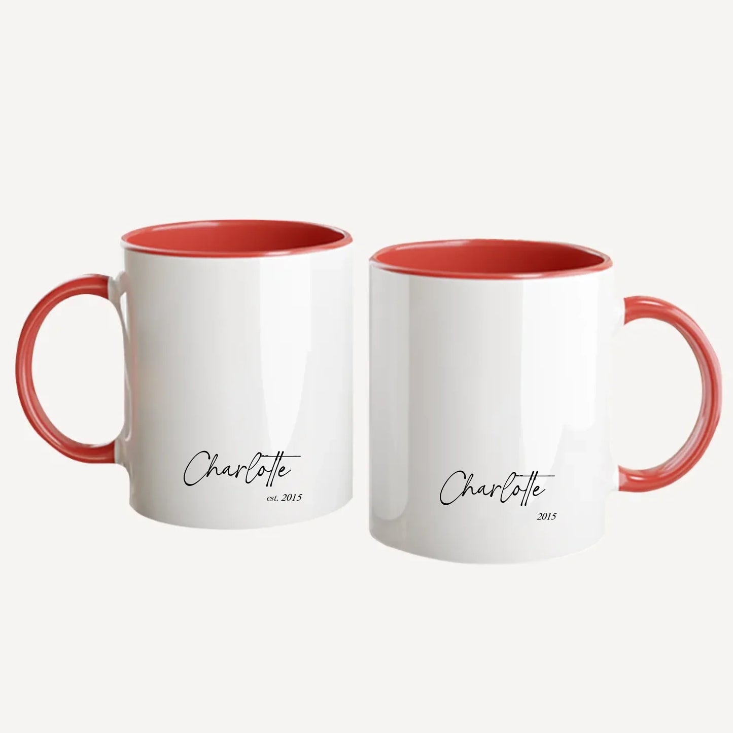 Personalised white mug featuring a choice of two birth flowers for each month with the corresponding flower name. Customisable with a name, birth month and year. Red handle and interior.