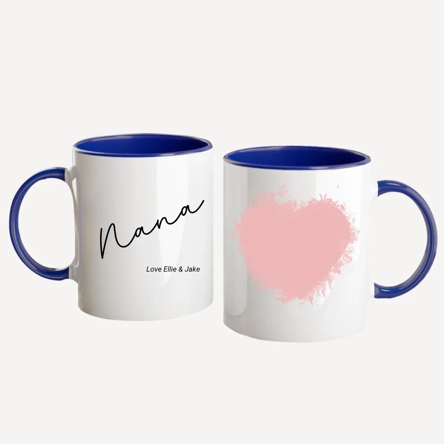 Personalised white mug for grandma or nan, featuring a custom photo in a beautiful heart shape. Choice of gran-related names available. Blue handle and interior.