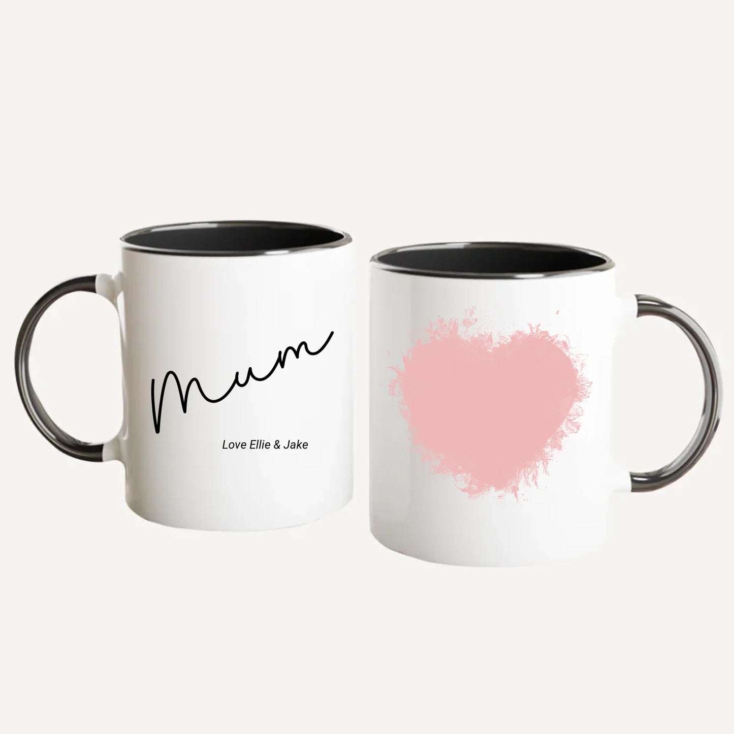 Personalised white mug for mum, featuring a custom photo in a beautiful heart shape. Choice of mum-related names available. Black handle and interior.