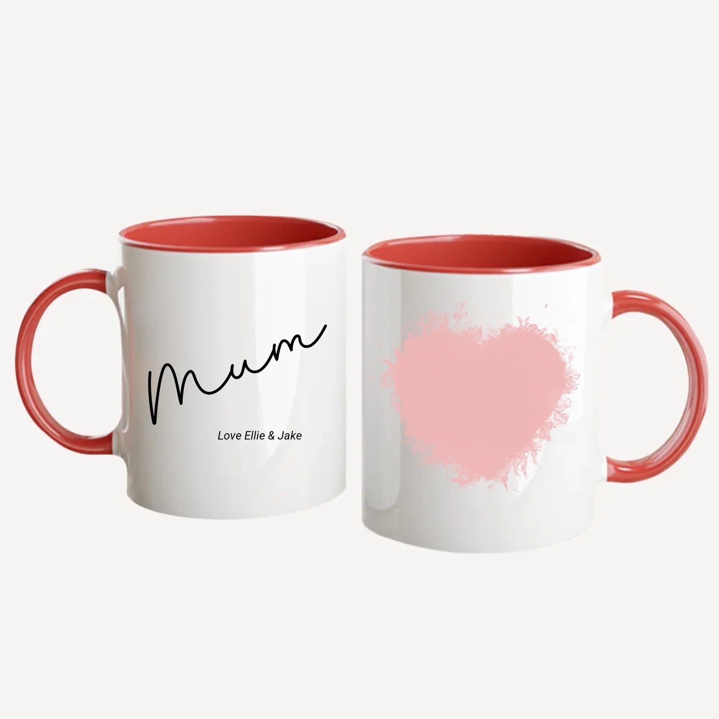 Personalised white mug for mum, featuring a custom photo in a beautiful heart shape. Choice of mum-related names available. Red handle and interior.