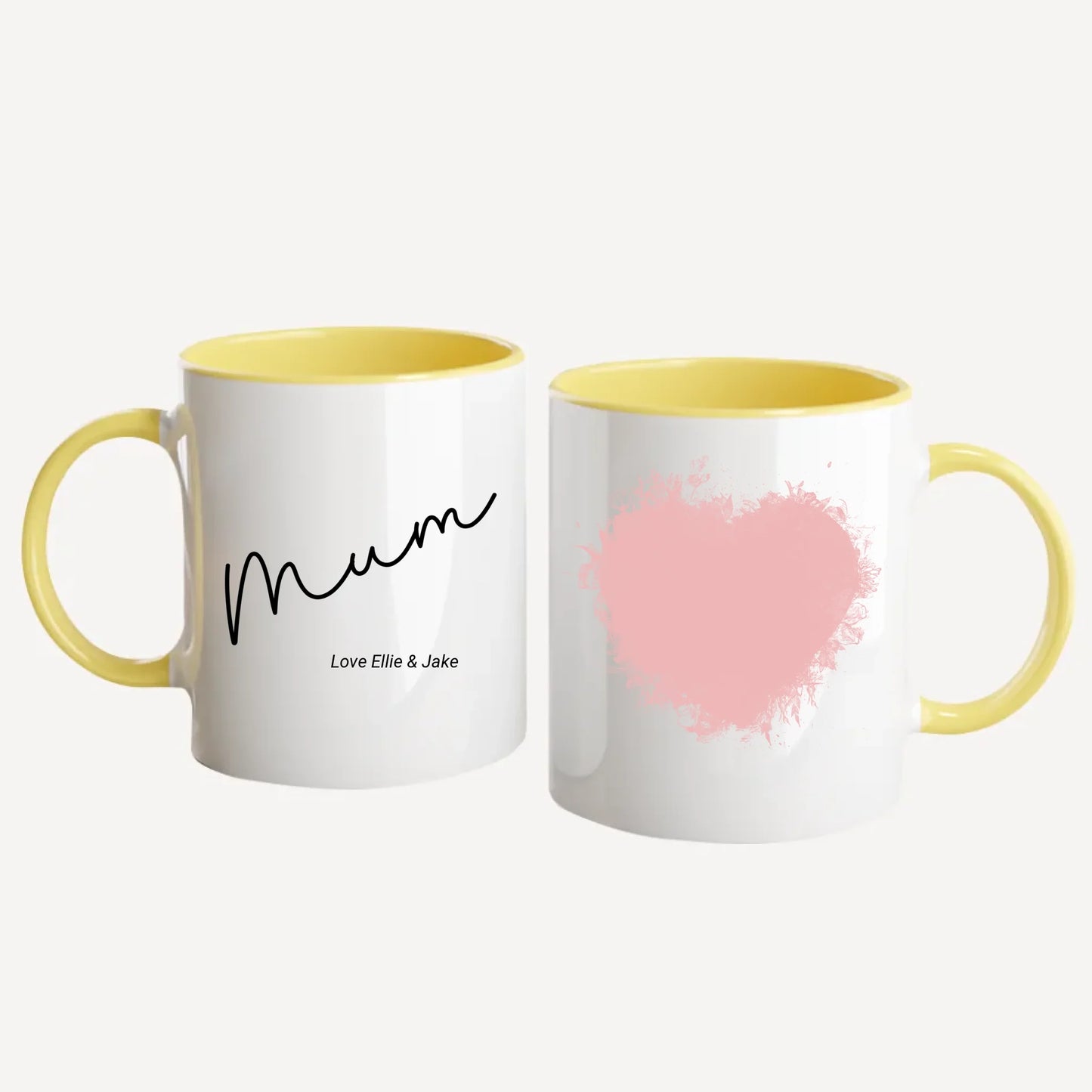 Personalised white mug for mum, featuring a custom photo in a beautiful heart shape. Choice of mum-related names available. Yellow handle and interior.