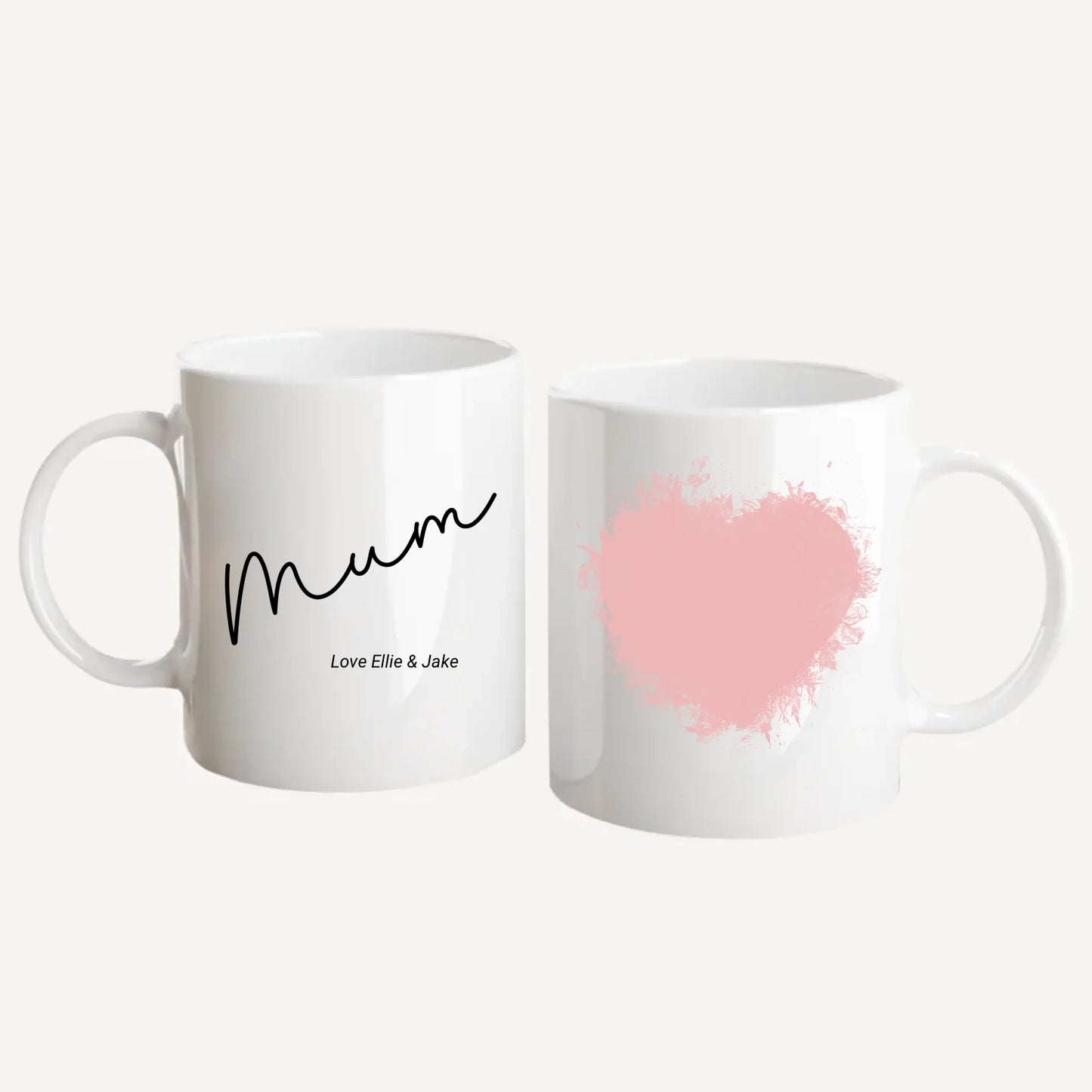 Personalised white mug for mum, featuring a custom photo in a beautiful heart shape. Choice of mum-related names available. White handle and interior.