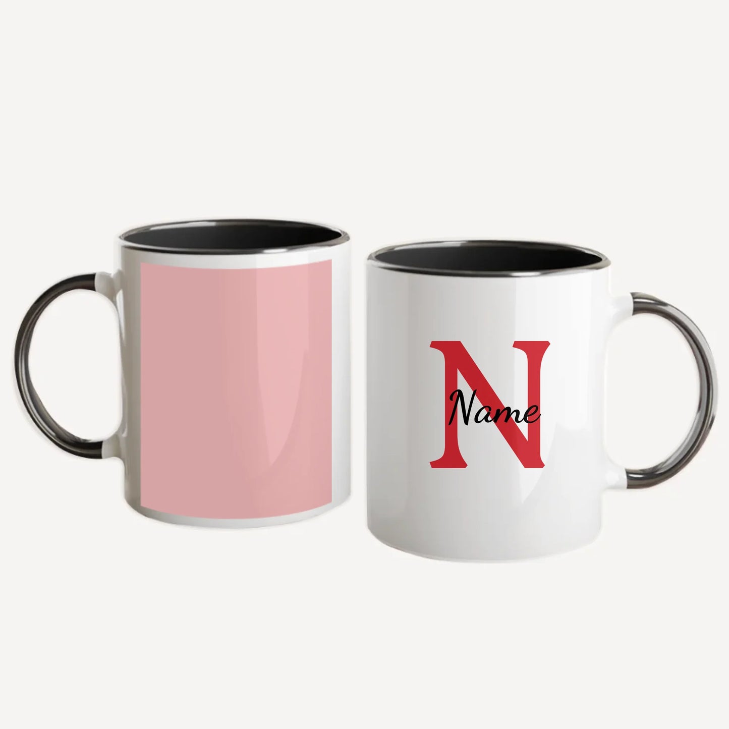 Personalised white mug featuring a name, initial, and custom photo upload. Black handle and interior.
