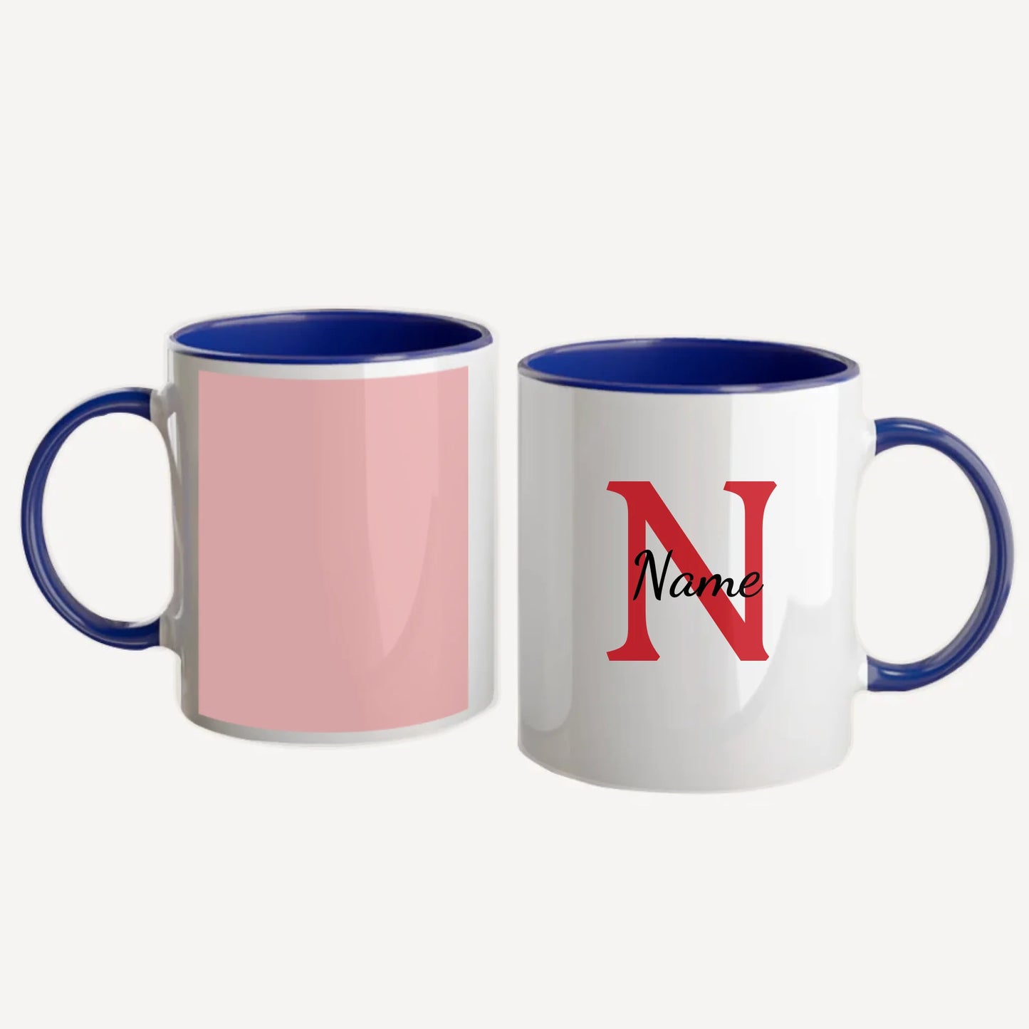 Personalised white mug featuring a name, initial, and custom photo upload. Blue handle and interior.