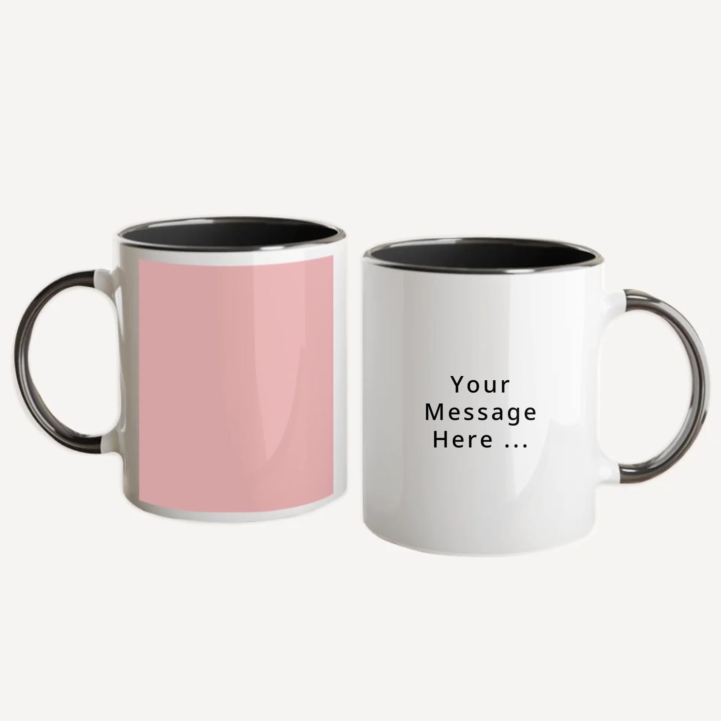 Personalised white mug with custom photo upload and a personal message in a choice of fonts and colours. Black handle and interior.
