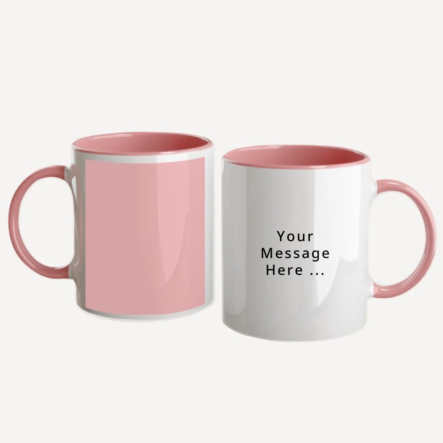 Personalised white mug with custom photo upload and a personal message in a choice of fonts and colours. Pink handle and interior.