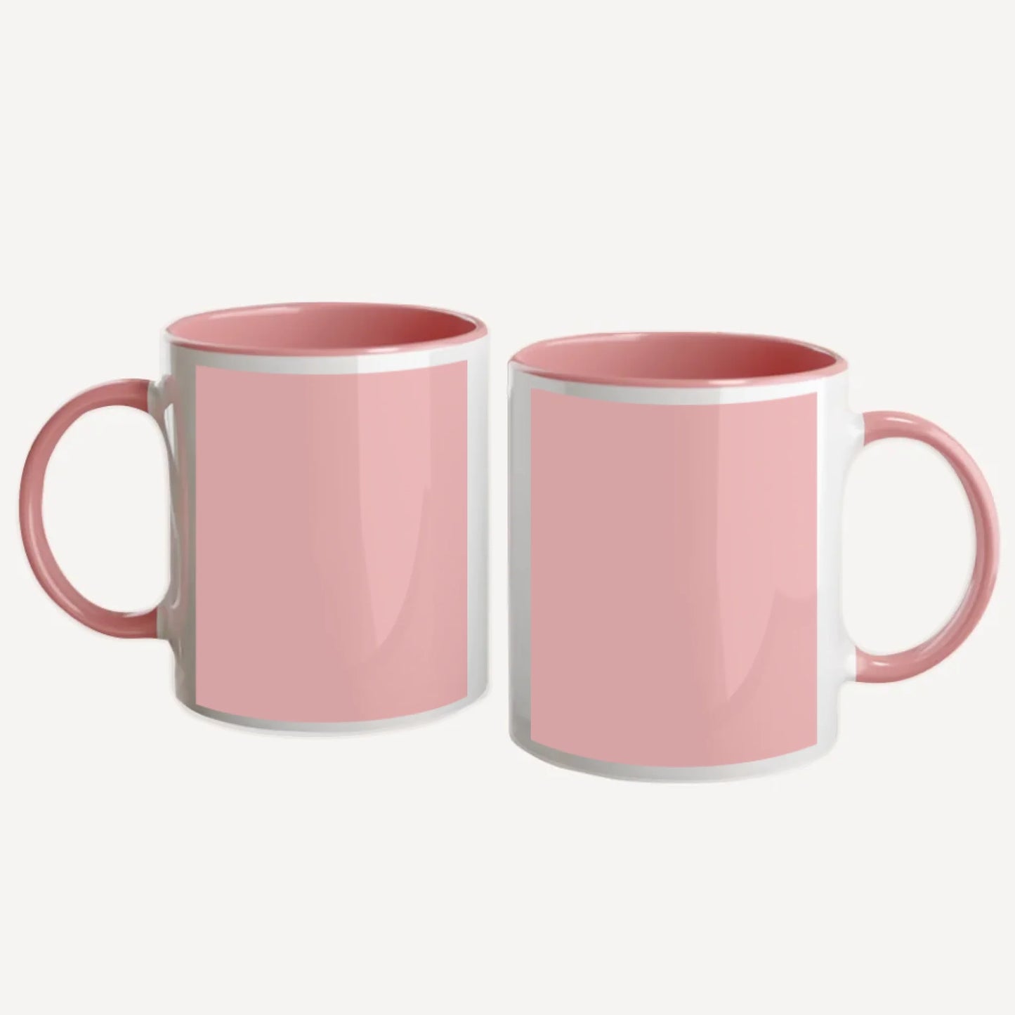 Personalised white mug with two photo upload areas. Pink handle and interior.