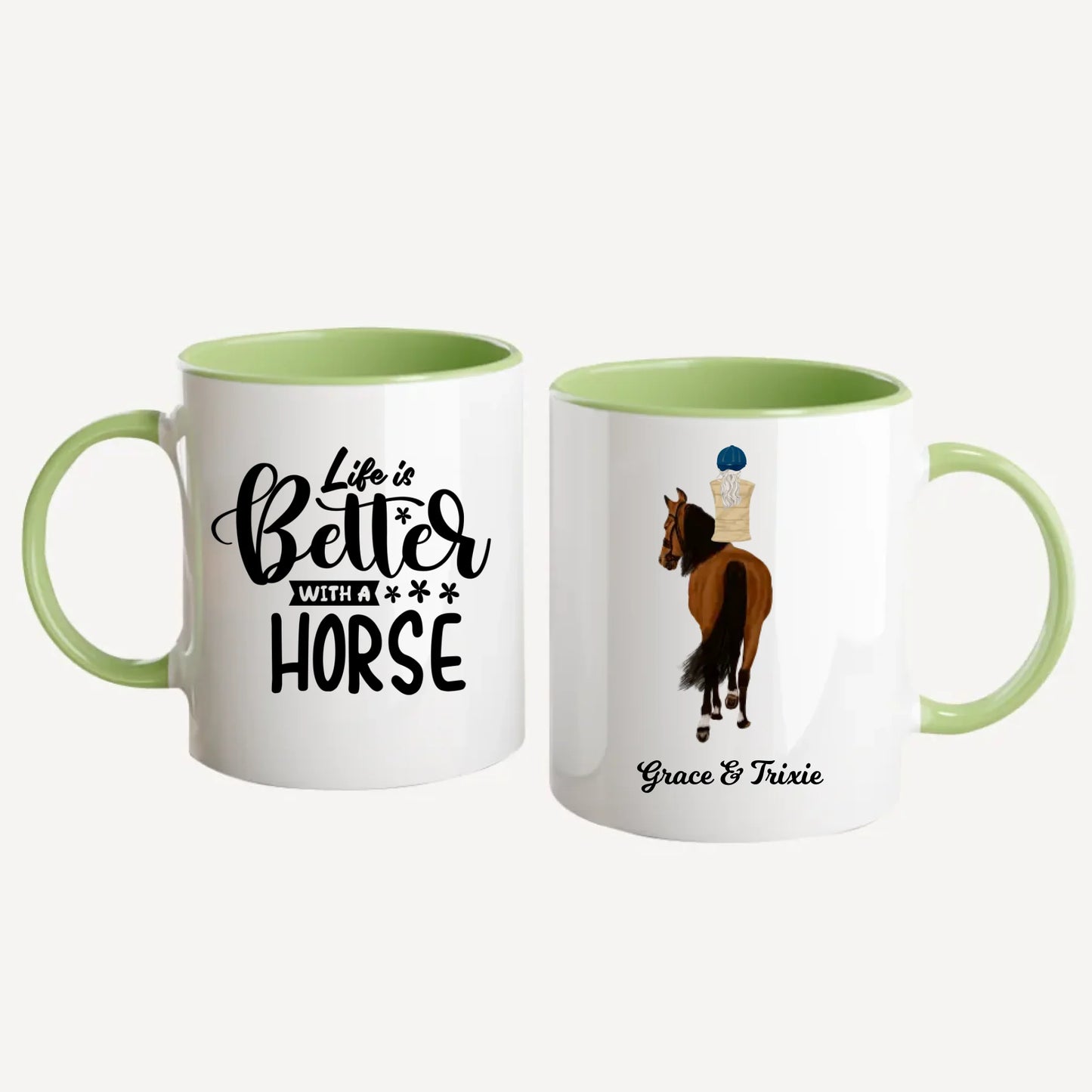 Personalised white mug featuring the quote 'Life is Better with a Horse' and fully customisable horse and rider clipart with names. Design can include one or two riders. Green handle and interior.