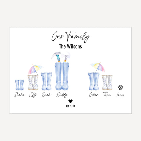 Personalised Family Wellington Boot Print - Custom Boots, Names & Accessories