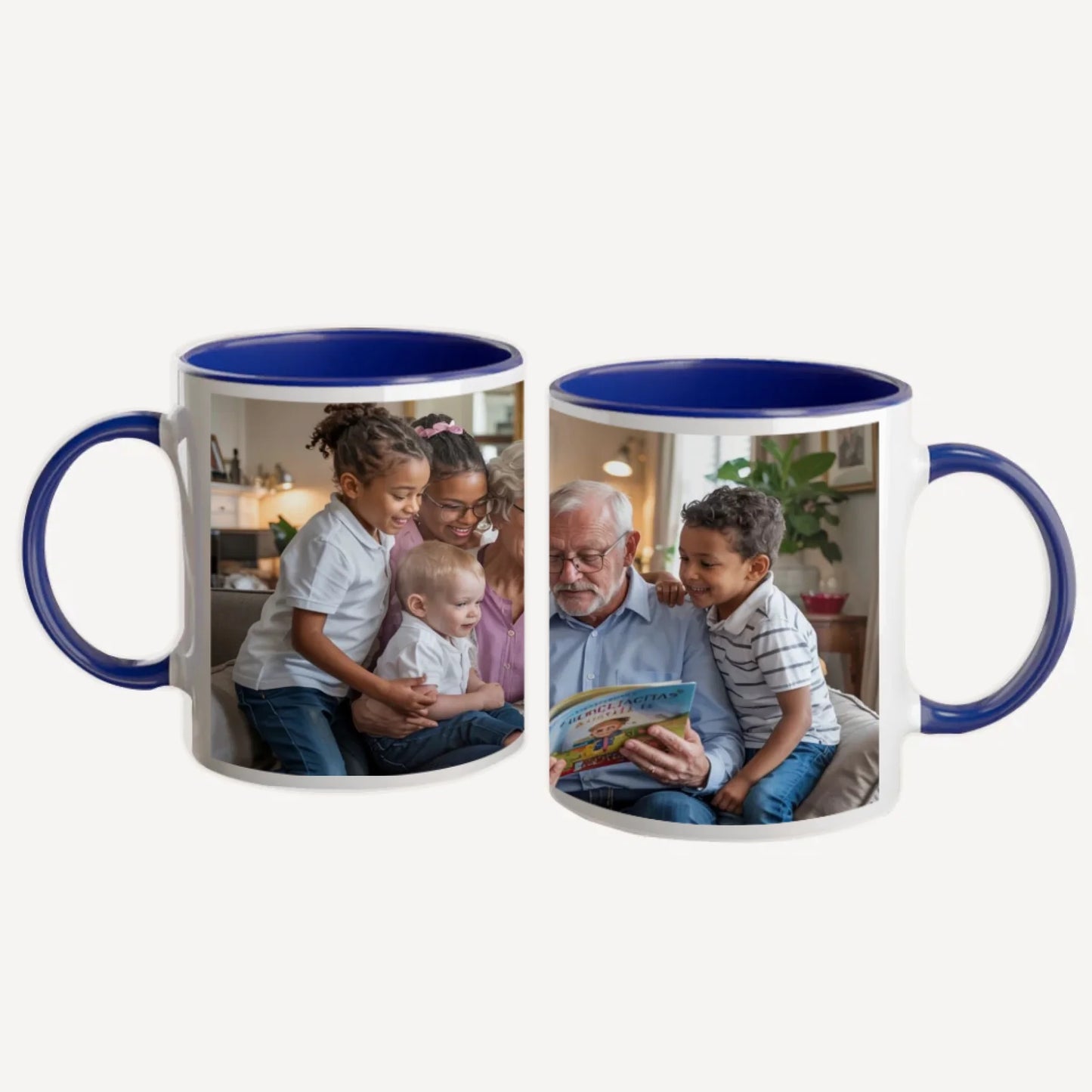 Personalised white mug with a full-wrap custom image. Blue handle and interior.