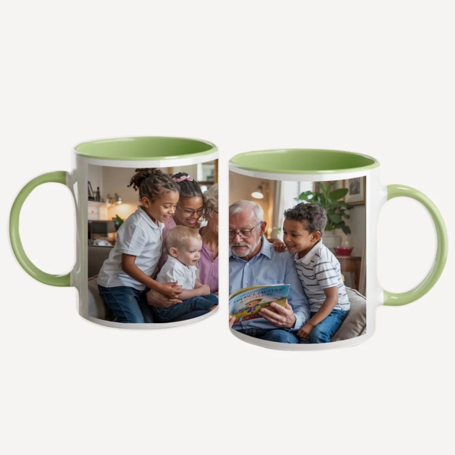 Personalised white mug with a full-wrap custom image. Green handle and interior.