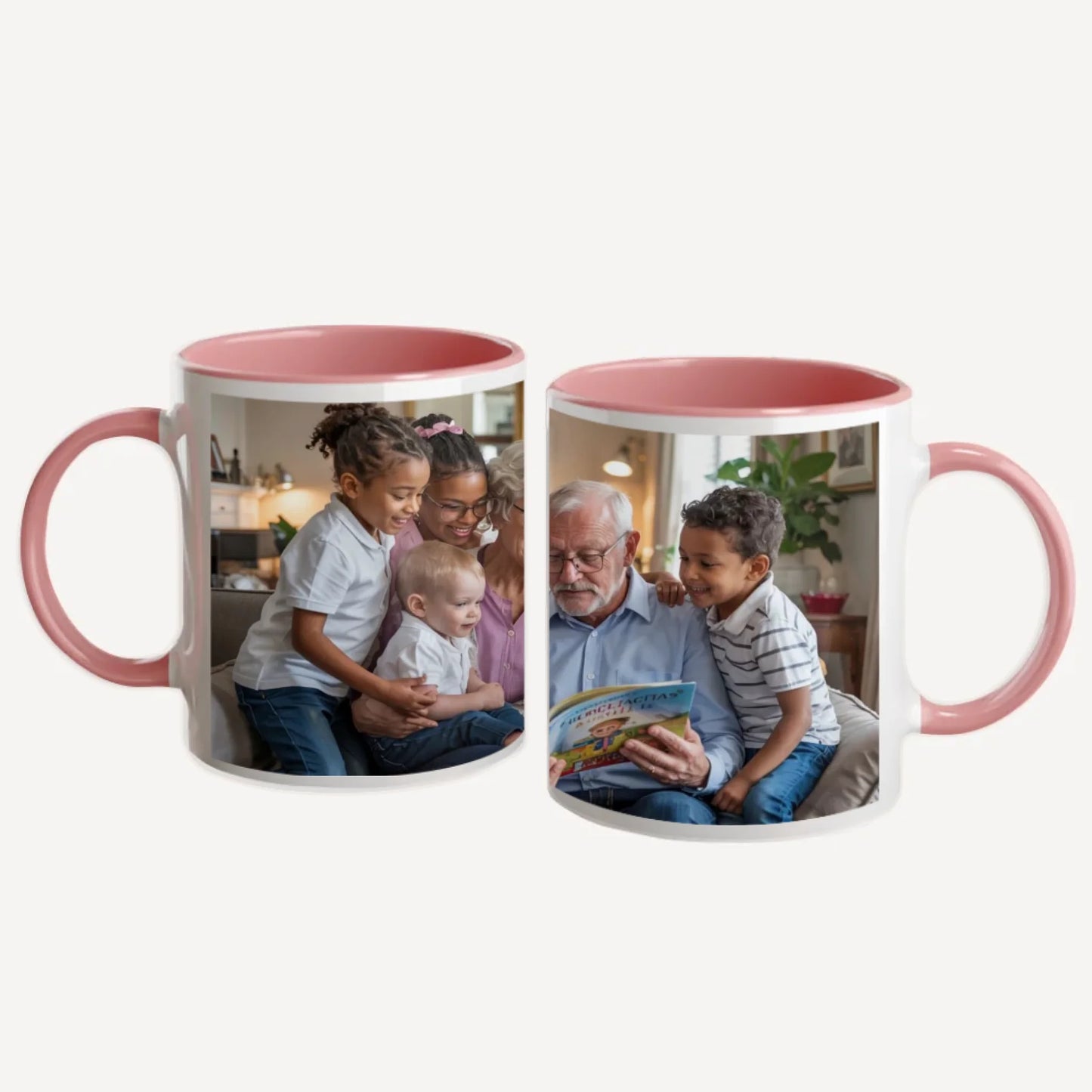 Personalised white mug with a full-wrap custom image. Pink handle and interior.