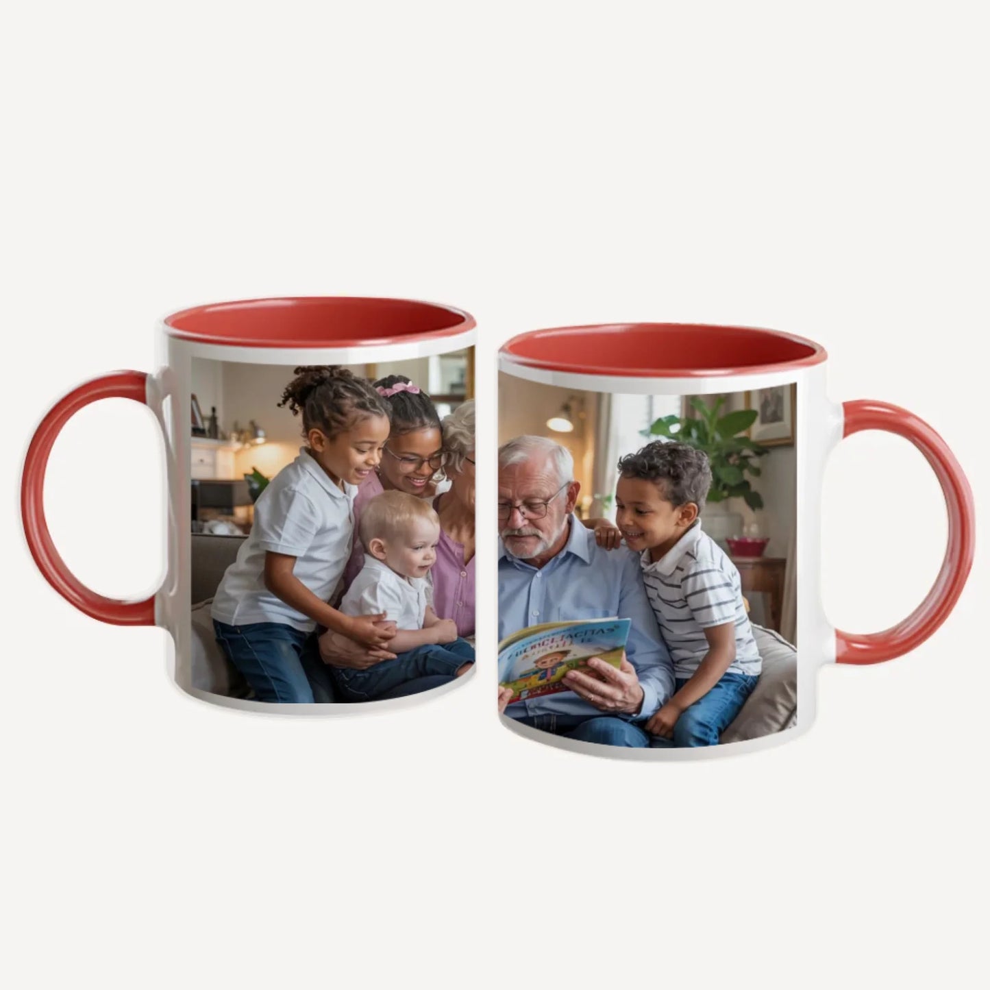 Personalised white mug with a full-wrap custom image. Red handle and interior.