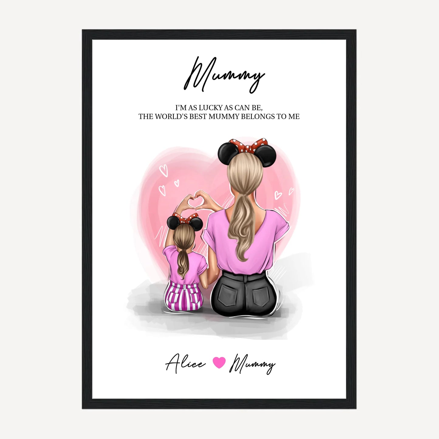 Framed print featuring customisable clipart of a mother and daughter, choice of mum-related titles, heartfelt quotes, and names. Black wooden frame.