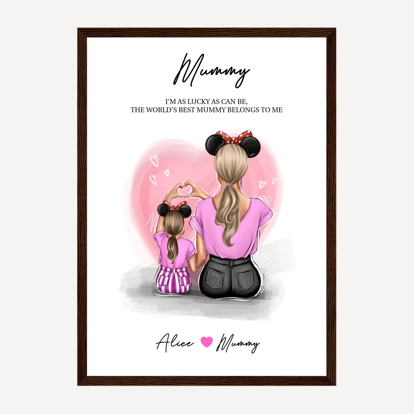 Framed print featuring customisable clipart of a mother and daughter, choice of mum-related titles, heartfelt quotes, and names. Dark brown wooden frame.
