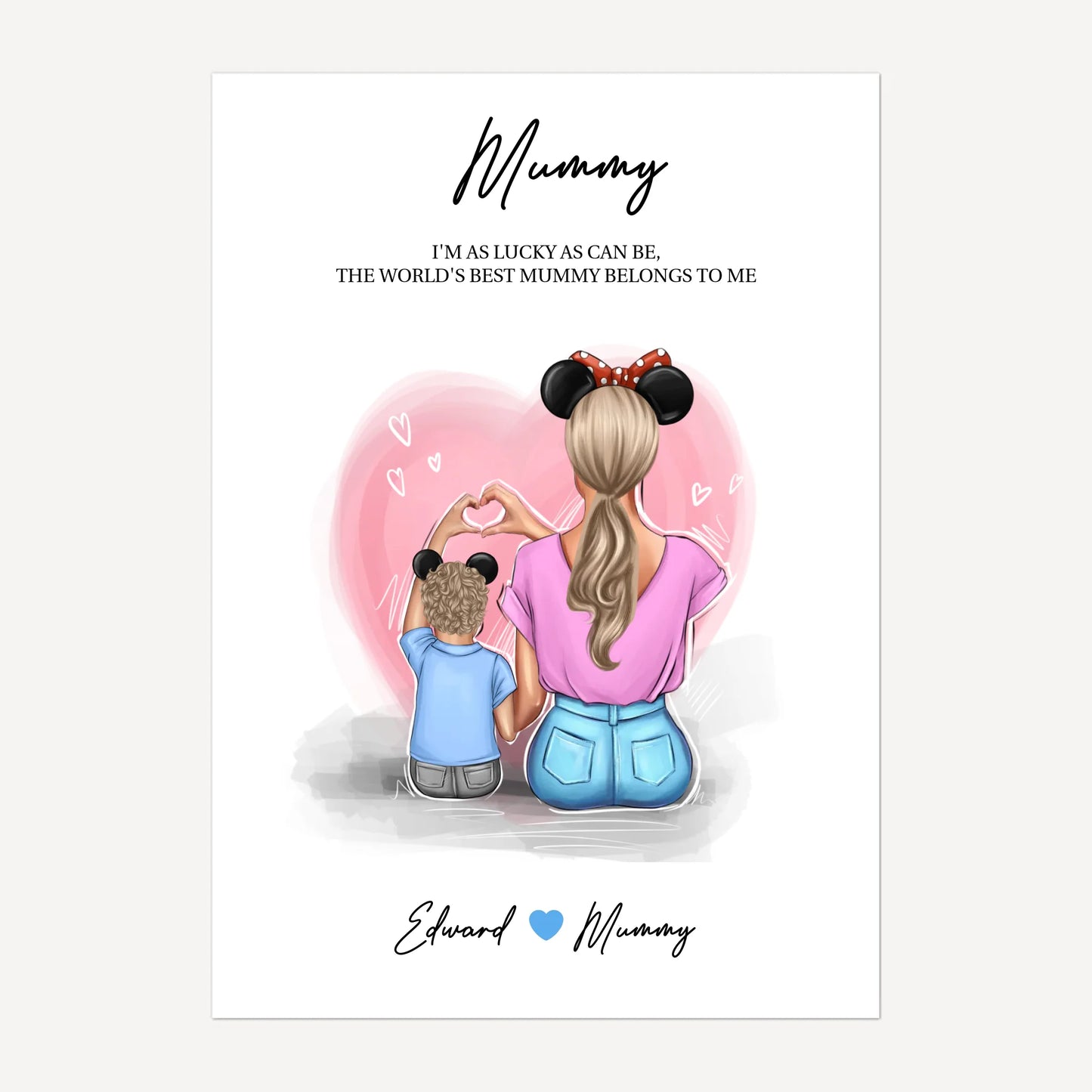 Digital print featuring customisable clipart of a mother and son, choice of mum-related titles, heartfelt quotes, and names. Instant download file.