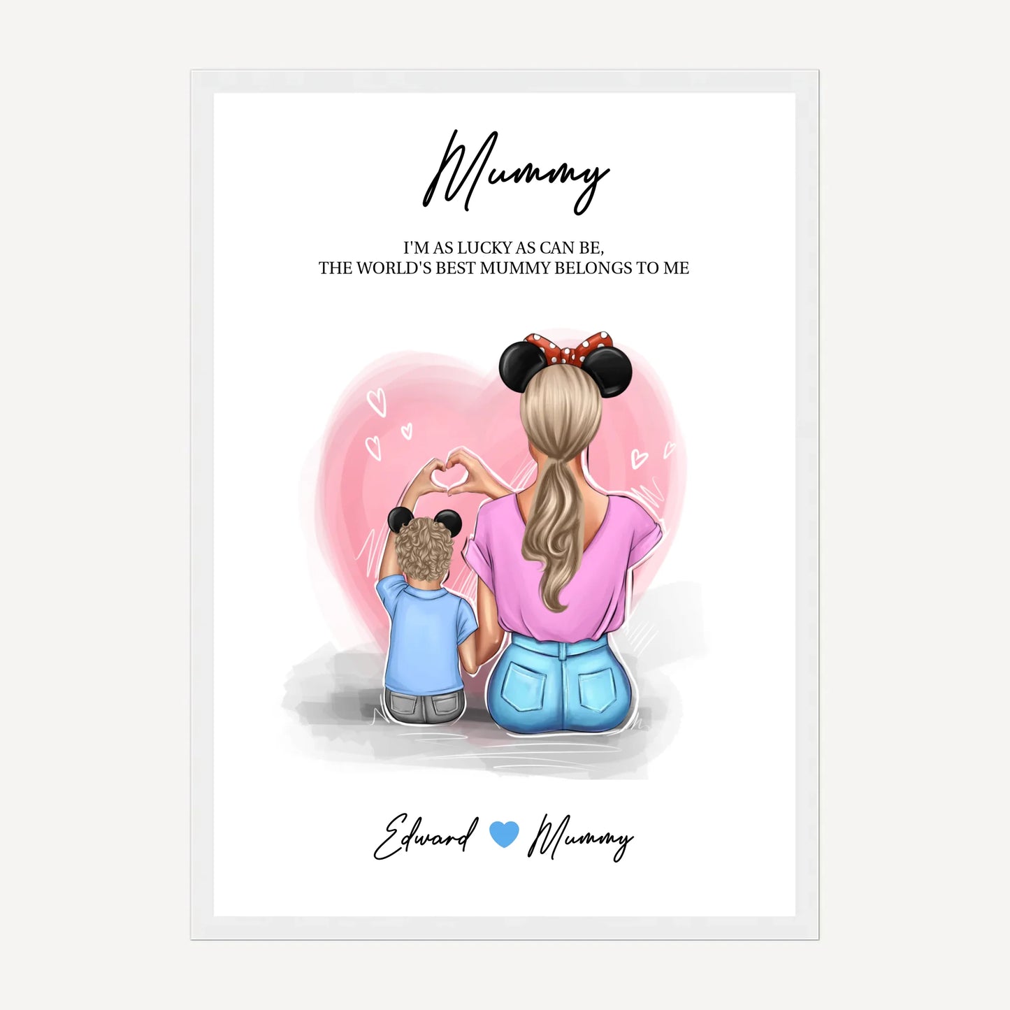 Framed print featuring customisable clipart of a mother and son, choice of mum-related titles, heartfelt quotes, and names. White wooden frame.