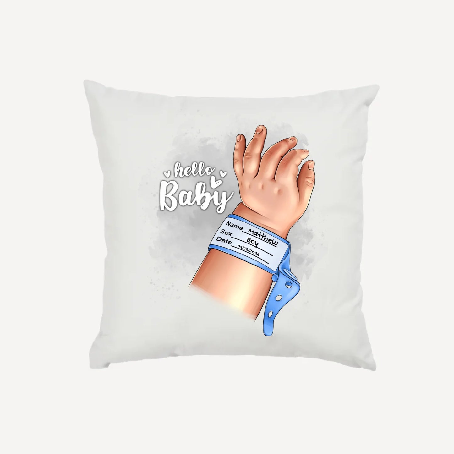 Personalised new baby cushion featuring 'Hello Baby' welcome, custom baby arm clipart with name, gender and birth date. Square Cushion.