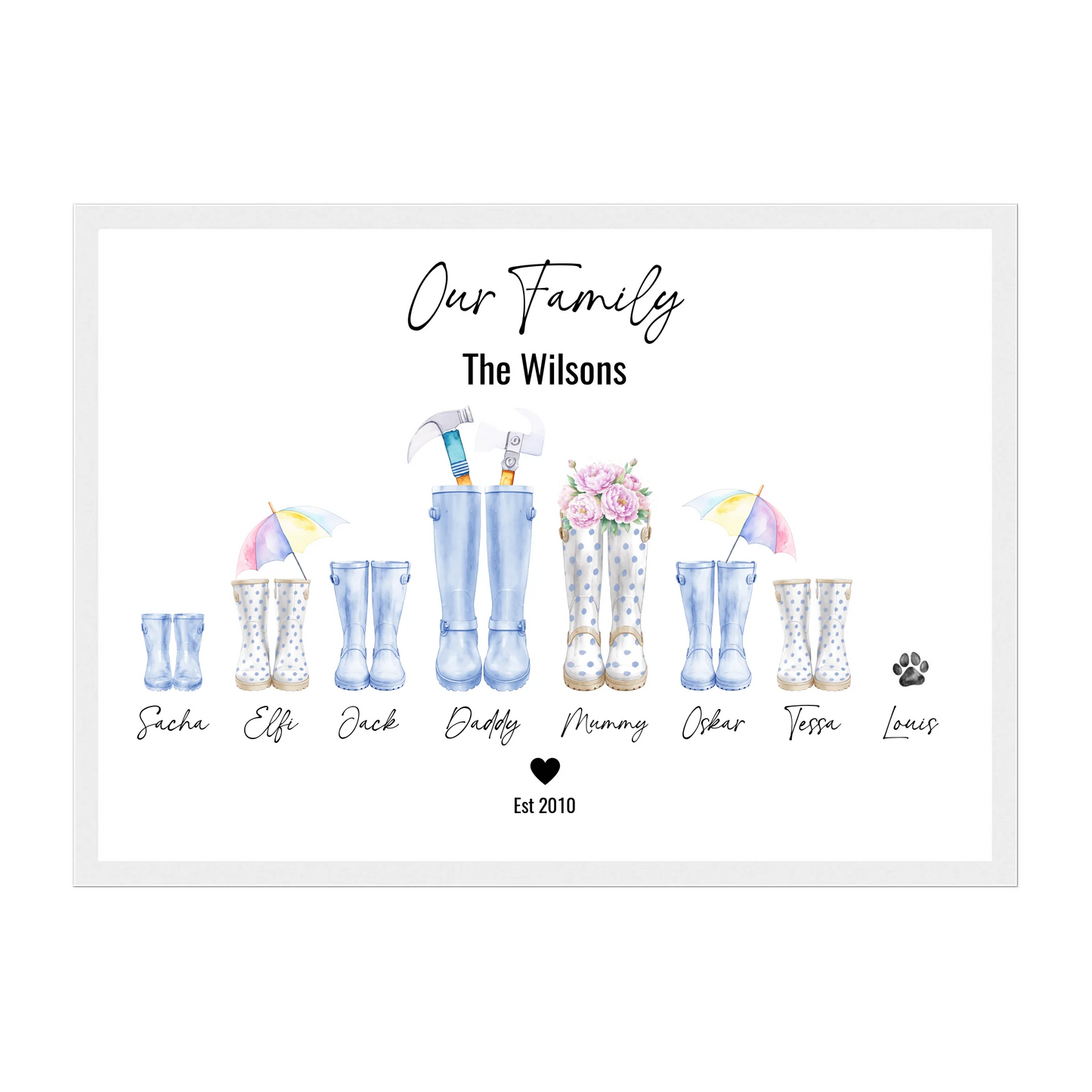Framed personalised family wellington boot print with up to 8 custom boots (including pets), family name heading, and names beneath. Choice of boot styles, colours, and accessories. White frame.