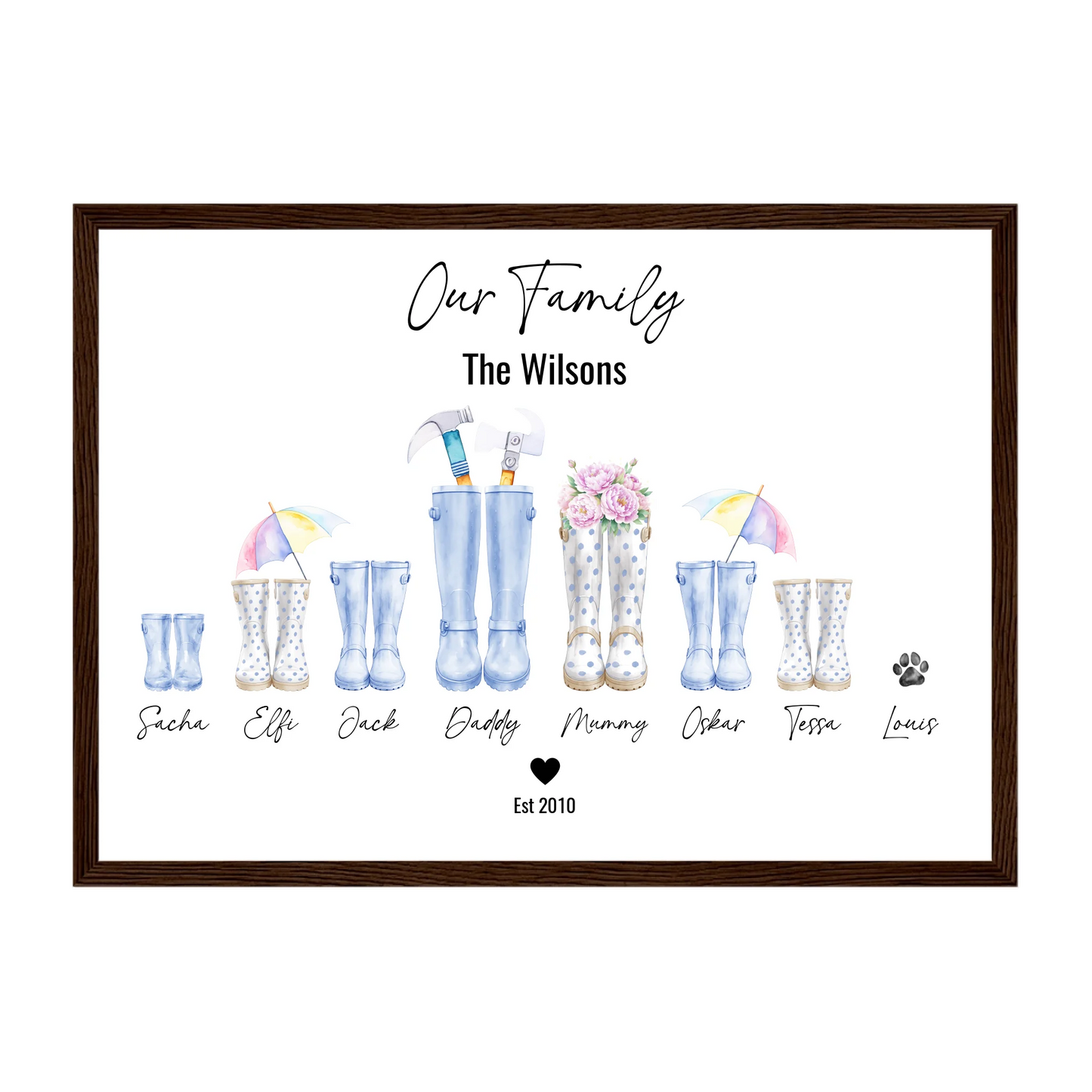 Framed personalised family wellington boot print with up to 8 custom boots (including pets), family name heading, and names beneath. Choice of boot styles, colours, and accessories. Dark brown frame.