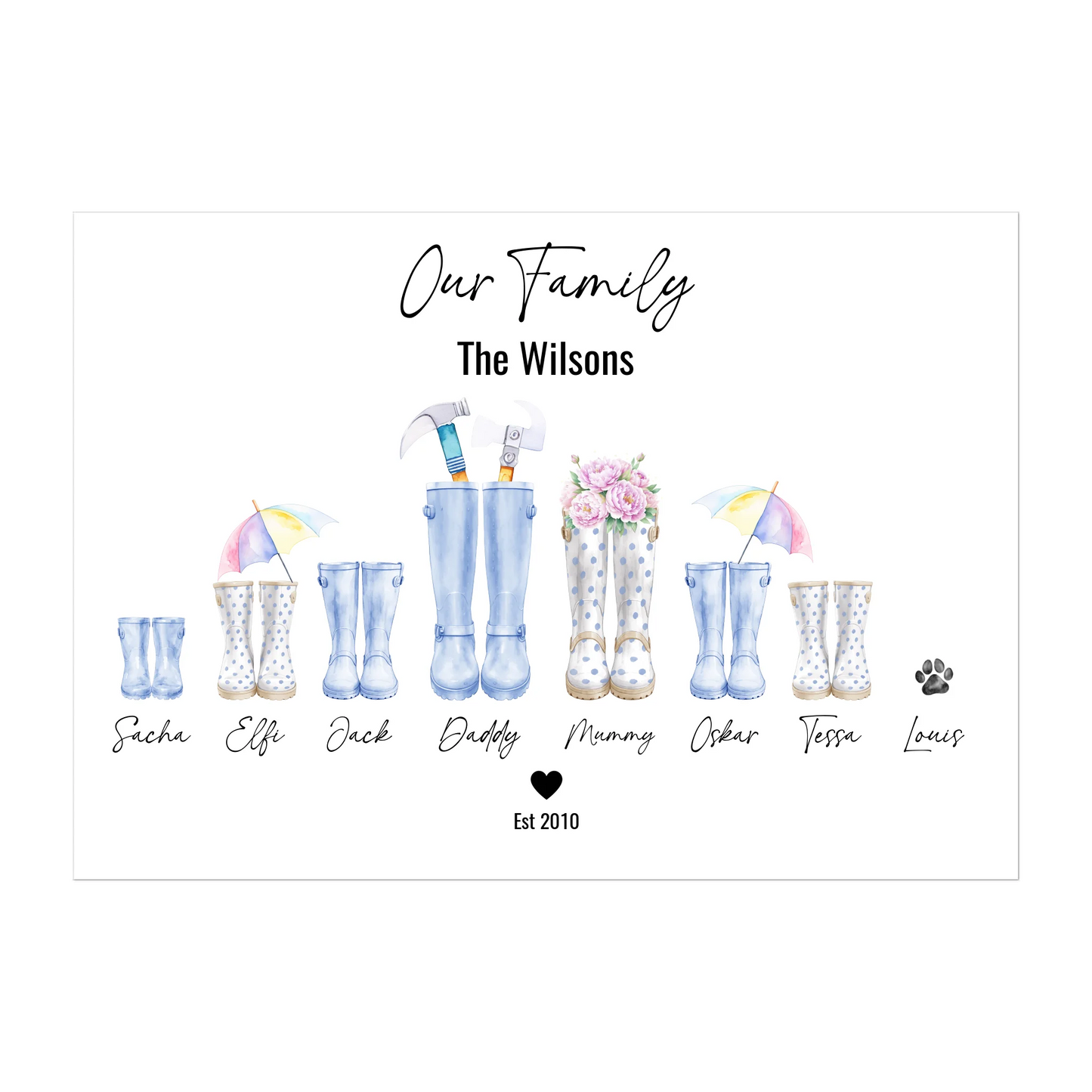 Personalised family wellington boot poster featuring up to 8 custom boots (including pets), family name heading, and names below each boot. Wide selection of boot colours, designs, and accessories.