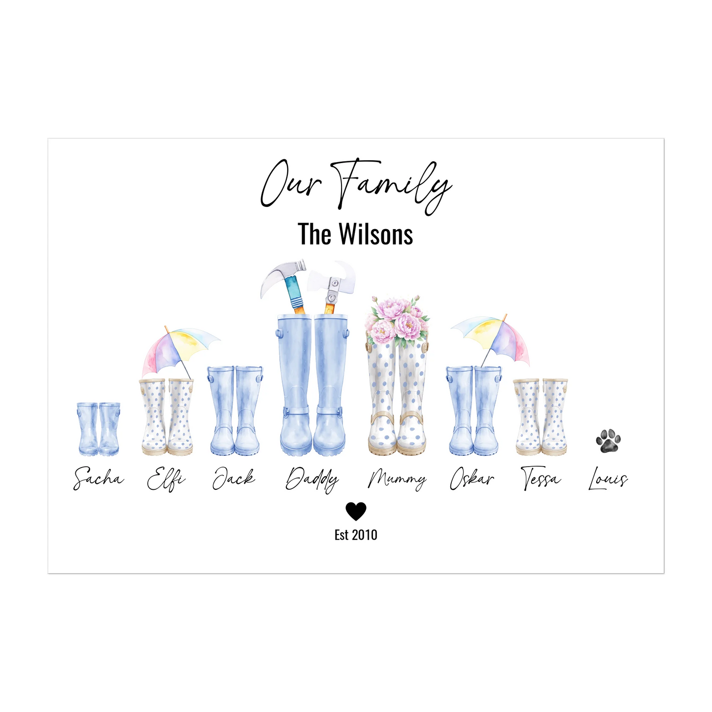 Digital personalised family wellington boot print with up to 8 custom boots (including pets), family name heading, and names below each boot. Custom boot colours, designs, and accessories.