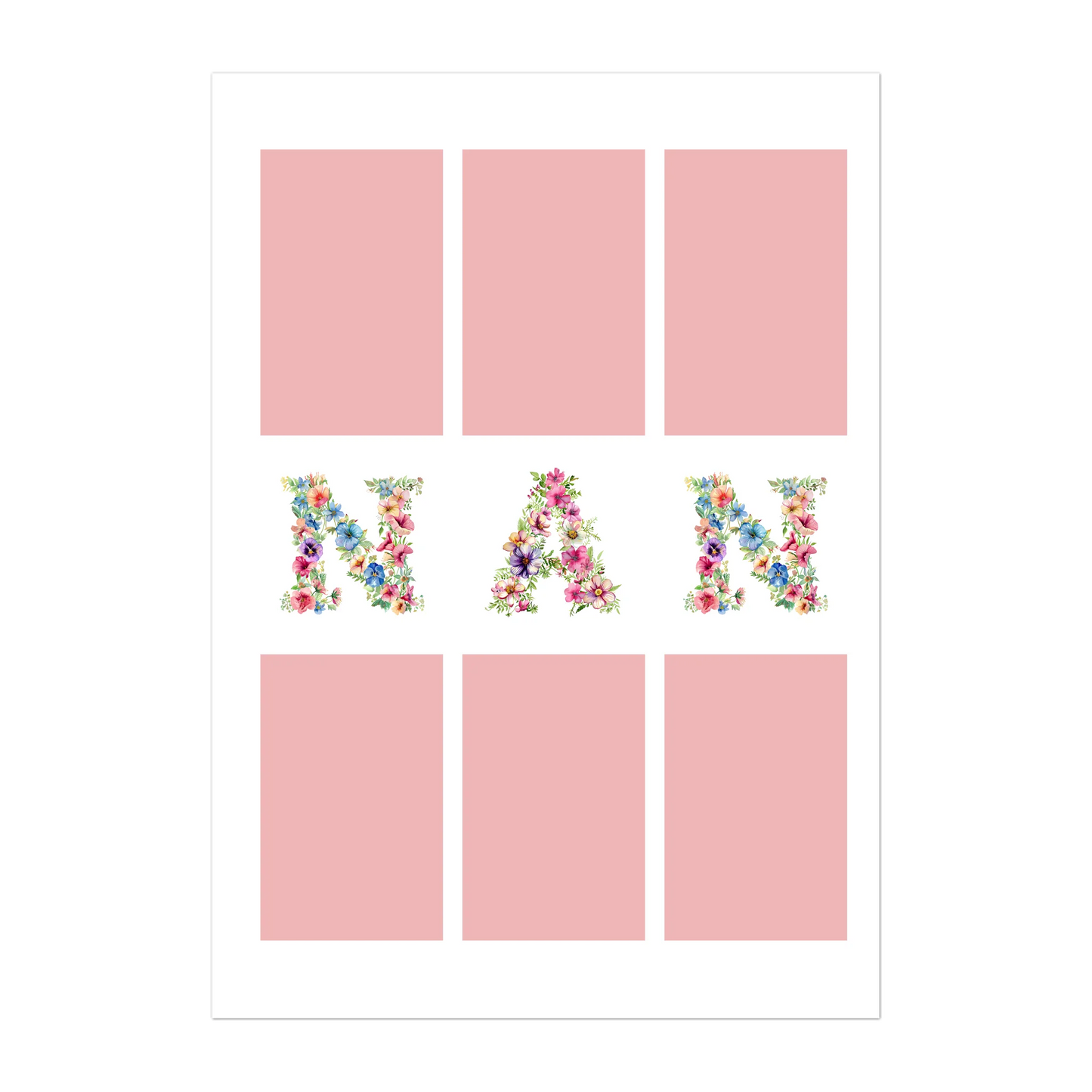 Personalised 6-photo collage digital print with 'Gran' or 'Nan' in vibrant floral text. Instant download file.