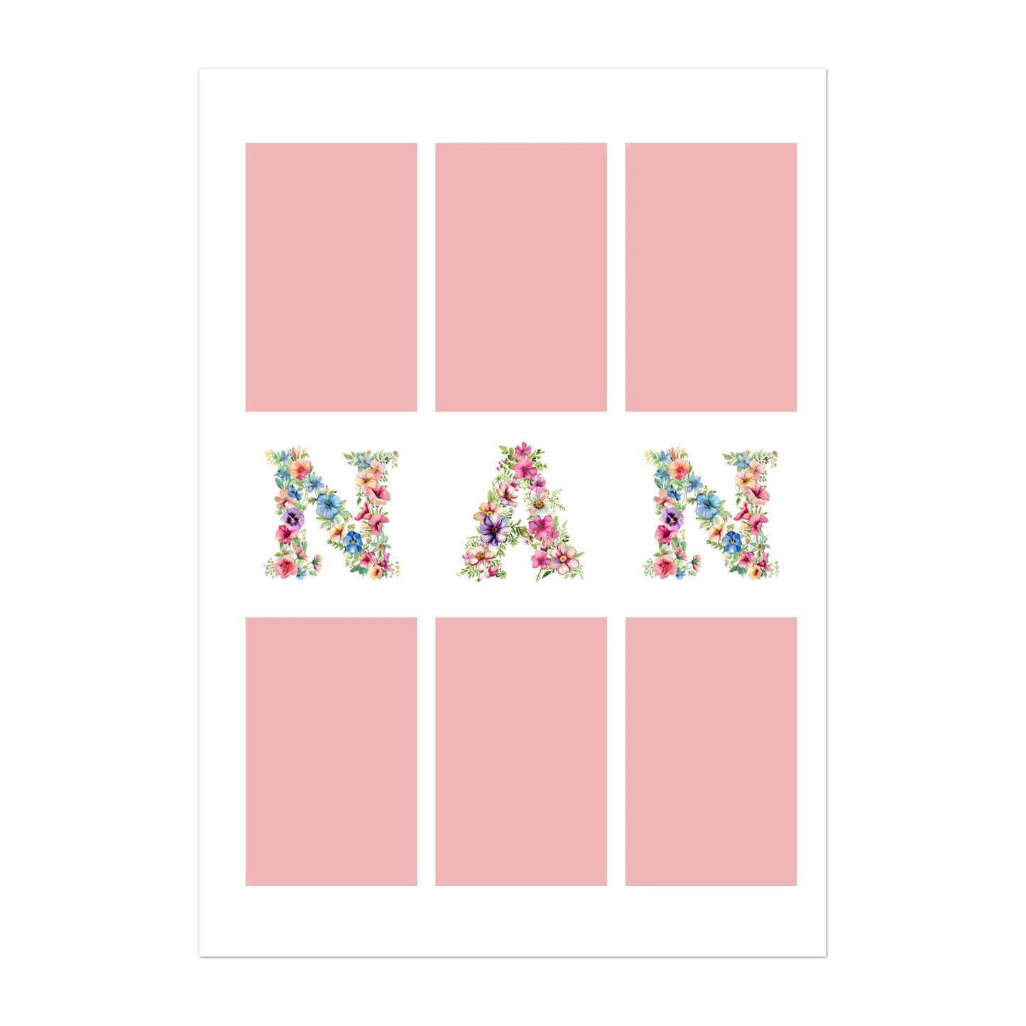 Personalised 6-photo collage poster with 'Gran' or 'Nan' in vibrant floral text. Customisable with uploaded photos.