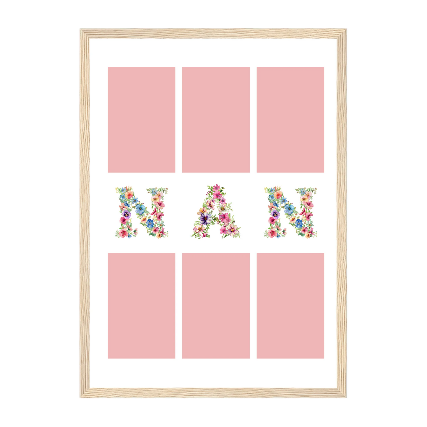 Personalised 6-photo collage framed print with 'Gran' or 'Nan' in vibrant floral text. Natural wooden frame.