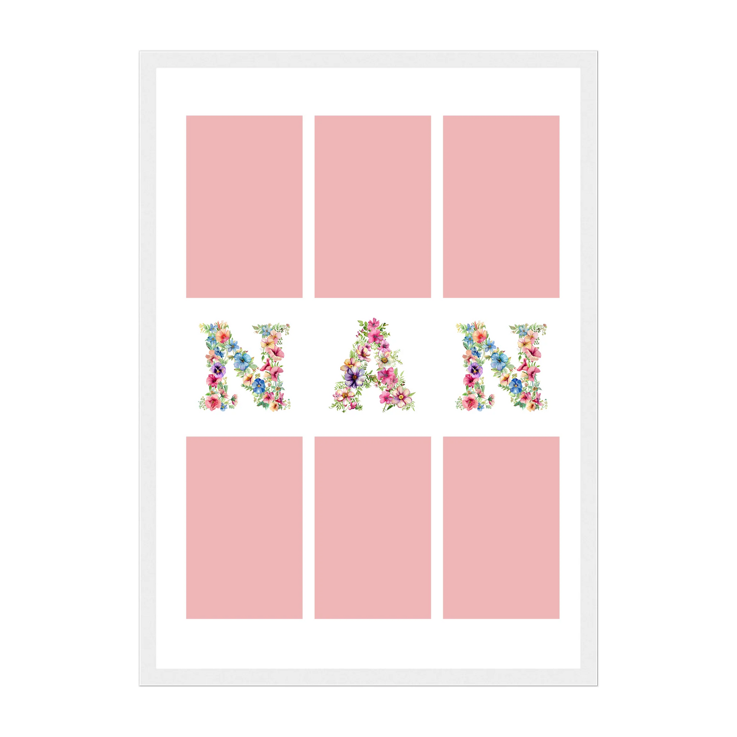 Personalised 6-photo collage framed print with 'Gran' or 'Nan' in vibrant floral text. White wooden frame.
