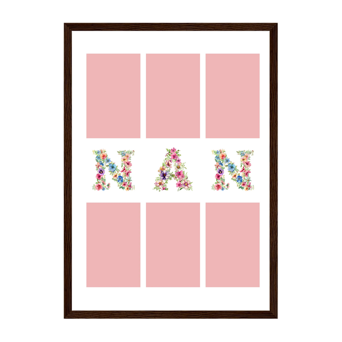 Personalised 6-photo collage framed print with 'Gran' or 'Nan' in vibrant floral text. Dark brown wooden frame.