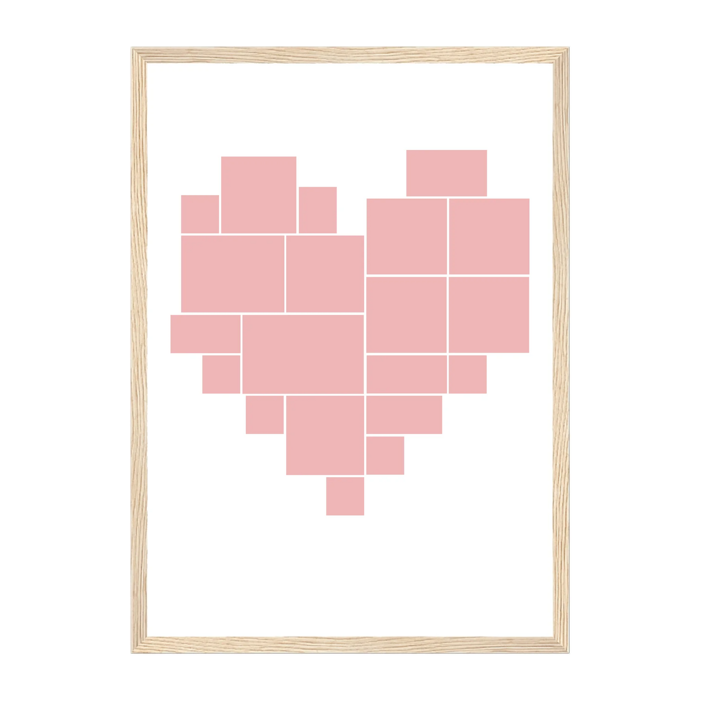 Heart-shaped photo collage framed print with 20 photo uploads. Natural wooden frame.