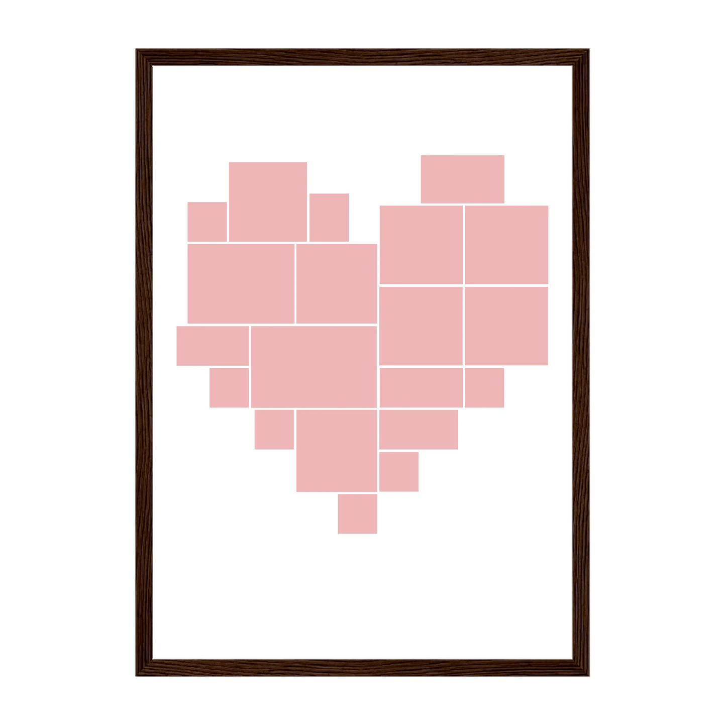 Heart-shaped photo collage framed print with 20 photo uploads. Dark brown wooden frame.