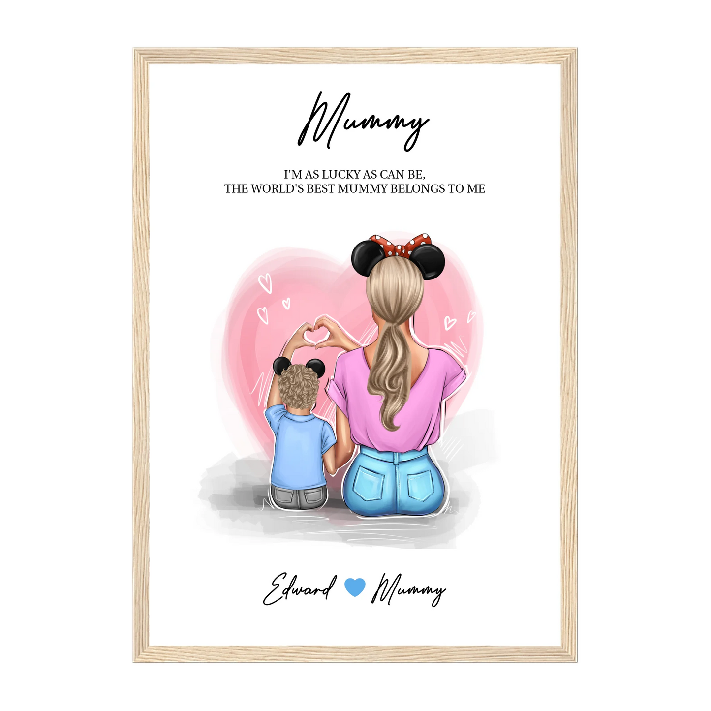 Framed print featuring customisable clipart of a mother and son, choice of mum-related titles, heartfelt quotes, and names. Natural wooden frame.