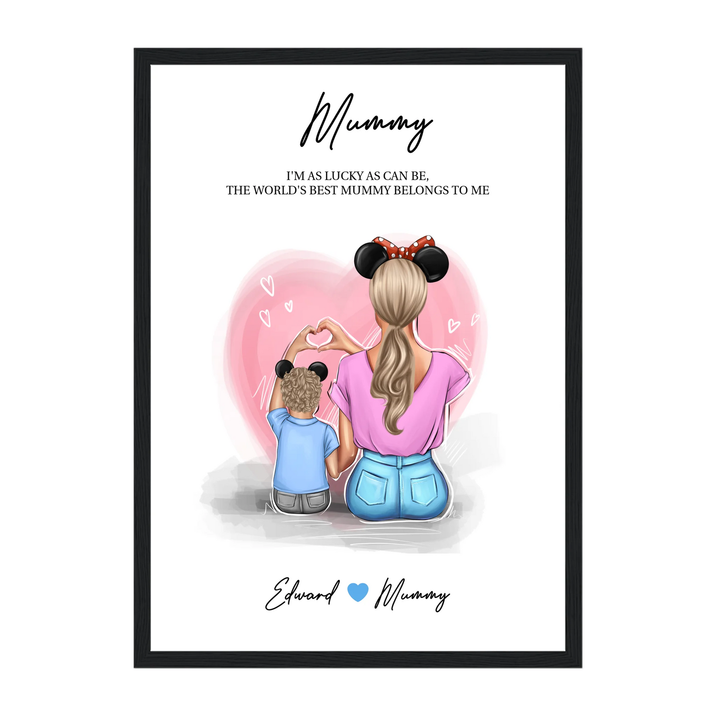 Framed print featuring customisable clipart of a mother and son, choice of mum-related titles, heartfelt quotes, and names. Black wooden frame.